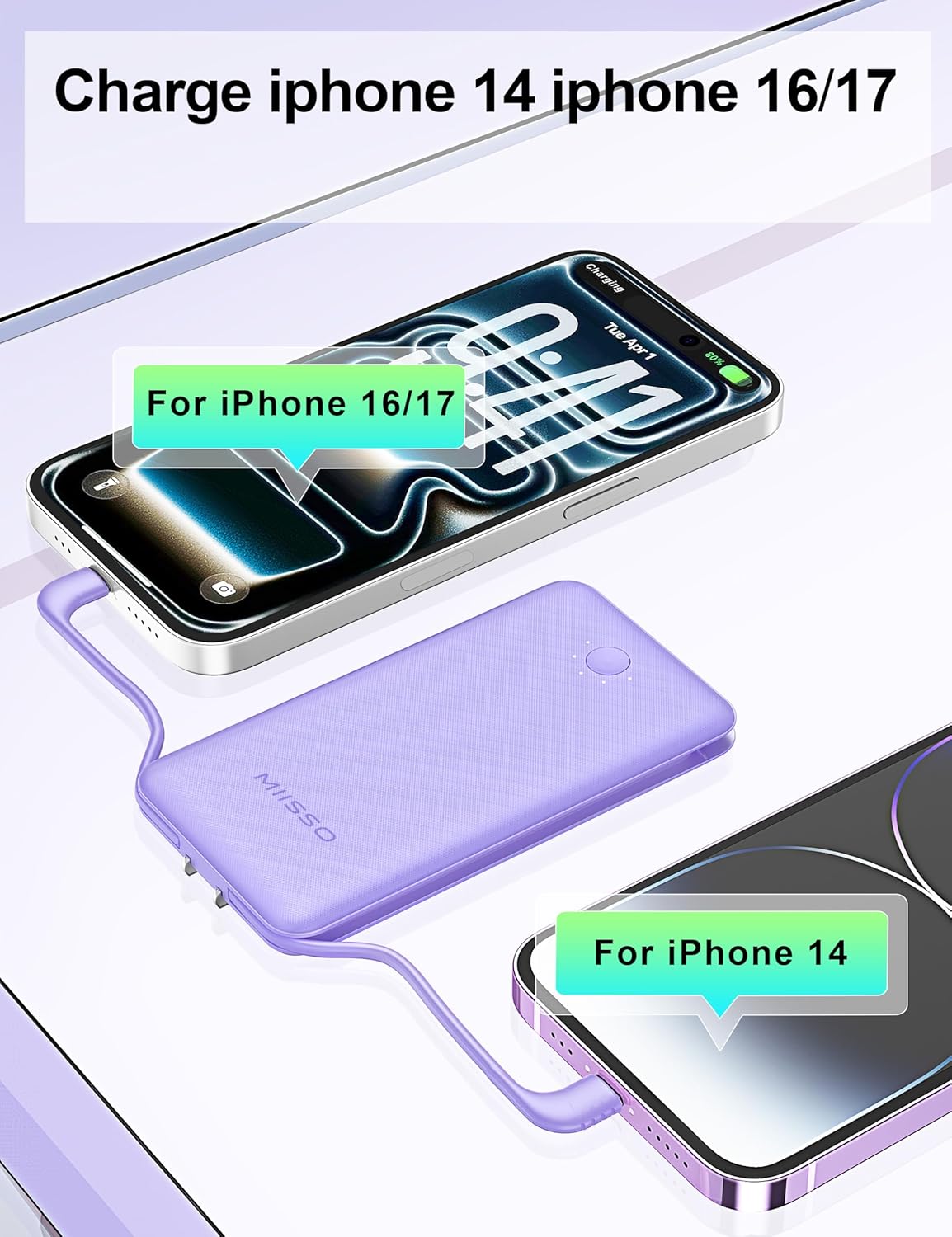 miisso Ultra Slim 10000mAh Power Bank Built-in Cables and Foldable AC Wall Plug, Pocket Size USB C Portable Charger, External Battery Pack Compatible with iPhone Samsung, Purple