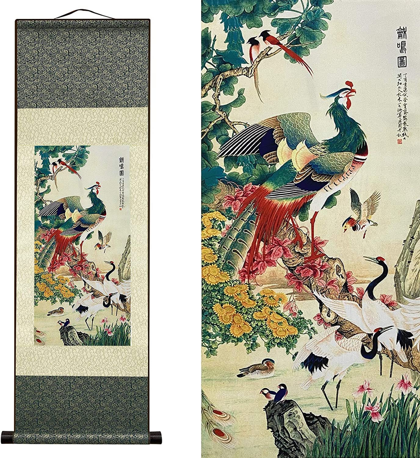 BNKJdtuW antique scroll painting, Chinese Wall Art Scroll Painting,Silk Scrollg Summer Autumn Winter Landscape Beaut(F5)
