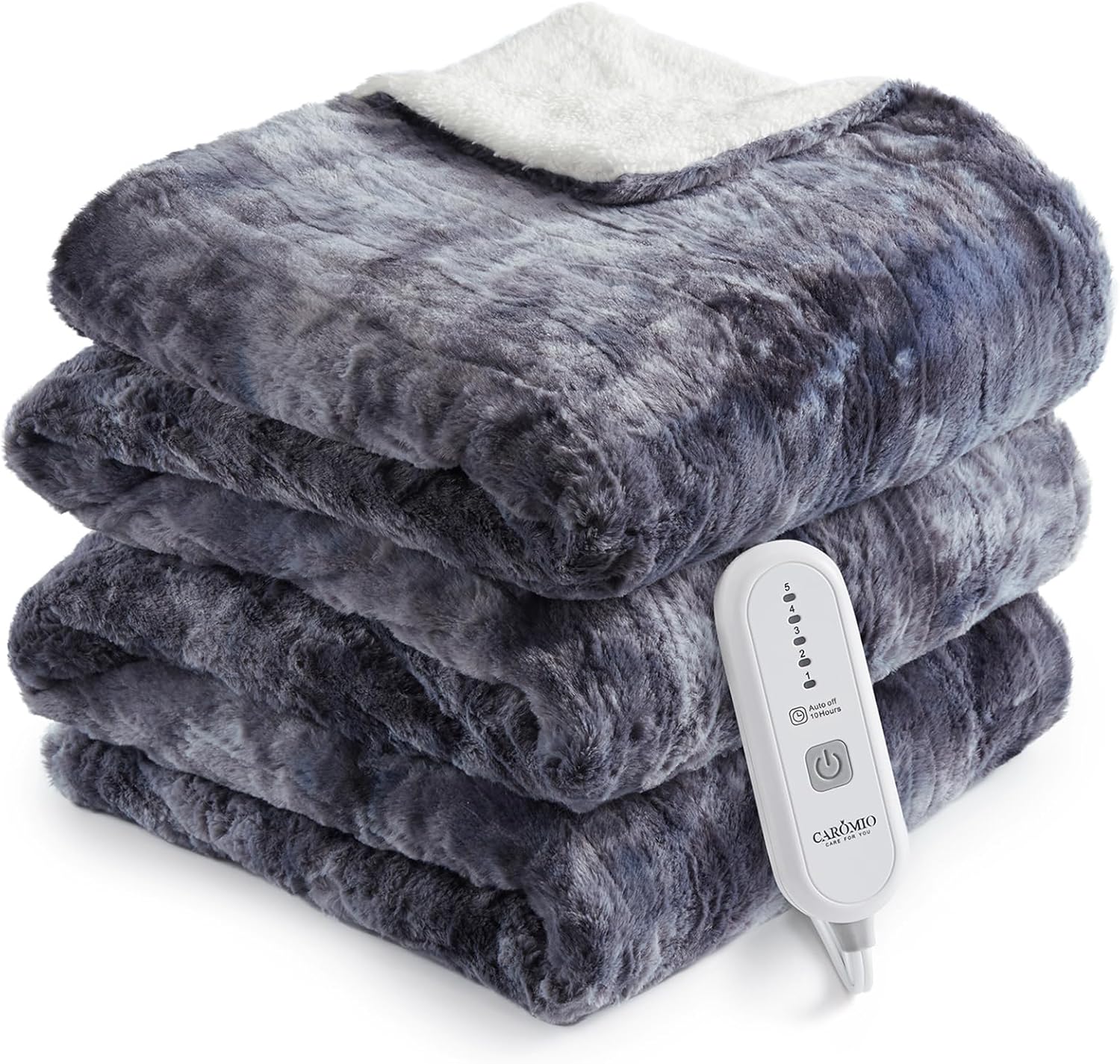 CAROMIO Heated Blanket Full Size, Fast Heating Blankets with 5 Heating Levels & 10 Hours Auto Off, ETL Certified Machine Washable Soft Thicken PV Plush Electric Throw Blanket, Grey Tie-Dye, 72″ x 84″