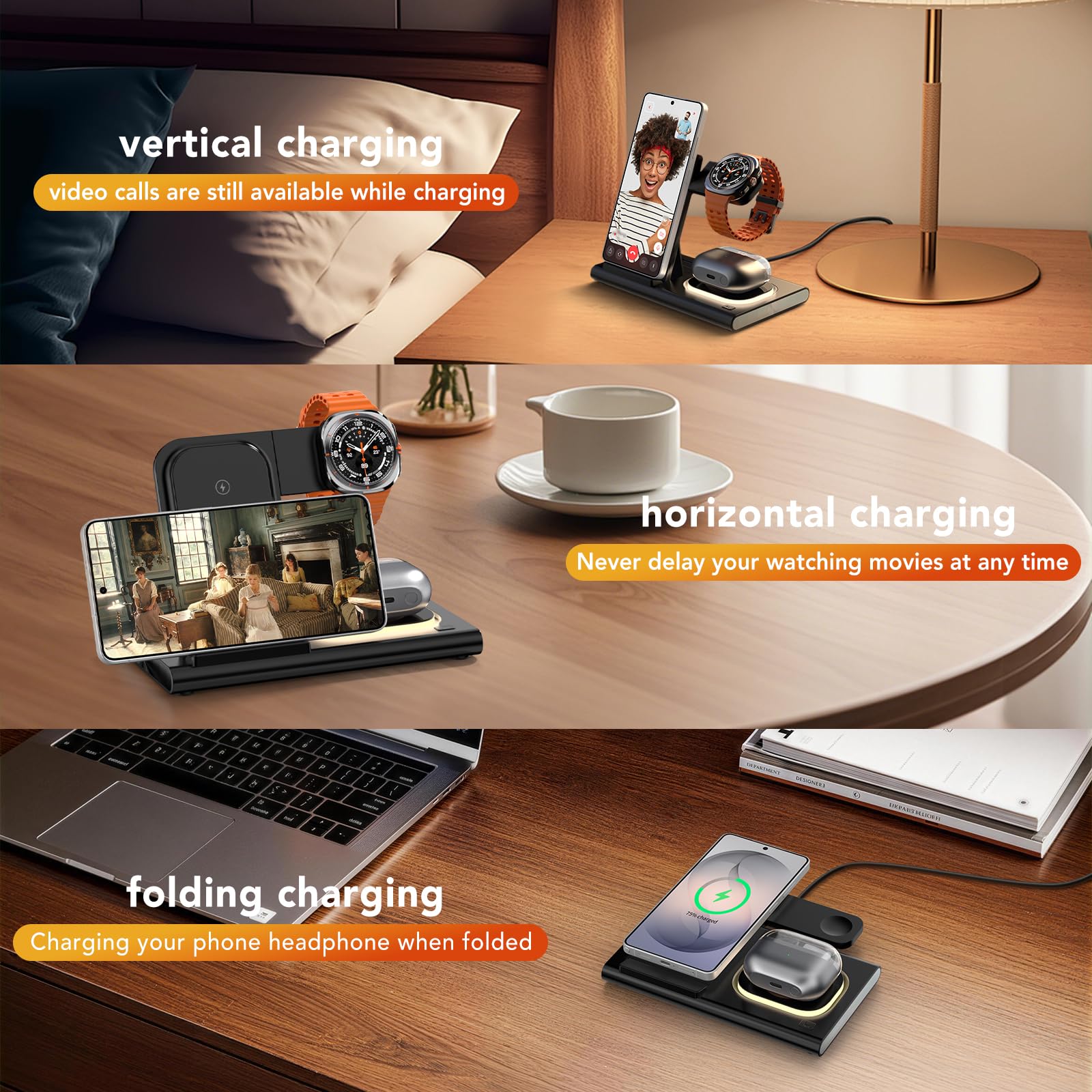 3 in 1 Ladestation für Samsung[Faltbar & Nachtlicht], Induktive Ladestation für Samsung S26/S25/S24/S23/ZFlip/Fold, Wireless Charger für Samsung Galaxy Watch Ultra/8/7/6/5/4/Galaxy Buds
