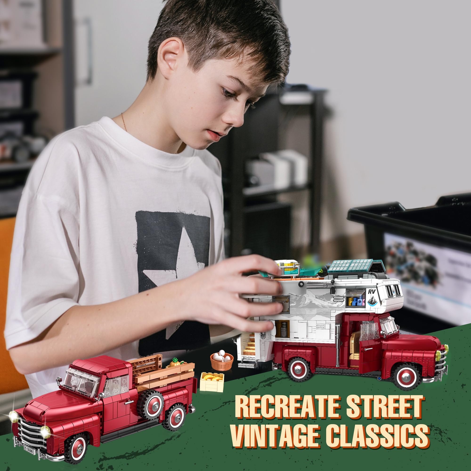 Car Building Block, 2-in-1 Camper Van Building and Farm Pickup Truck Building Set Toy for Adult, Retro Rvs Building Block Kit Set, 2188pcs
