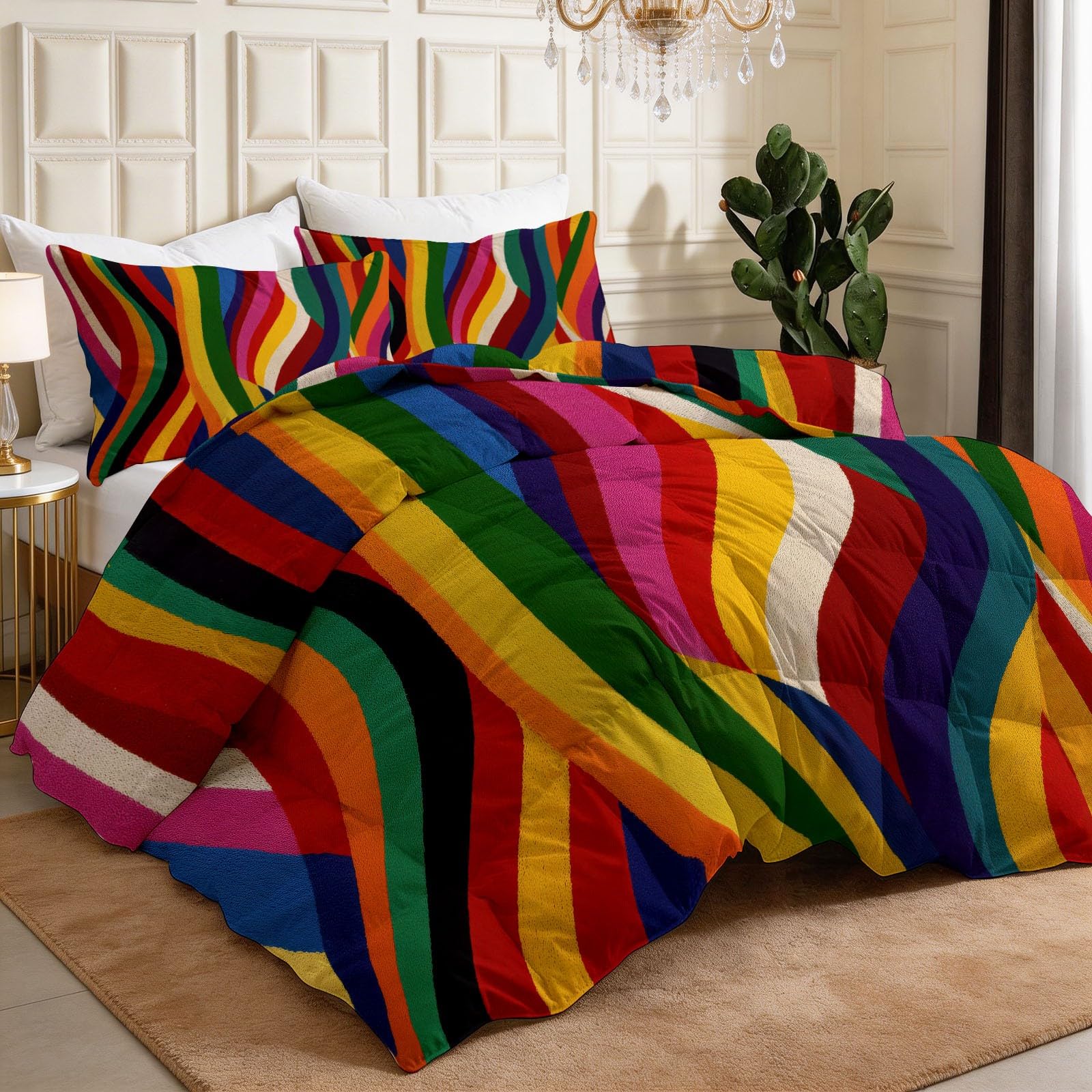 Abstrakcyjna nowoczesna kołdra, 220 x 240 cm, bez poszewki, na lato, tęczowe linie, geometryczna, nadaje się do prania, nie wymaga prasowania, całoroczna, przyjazna dla skóry, pościel z 2 poszewkami