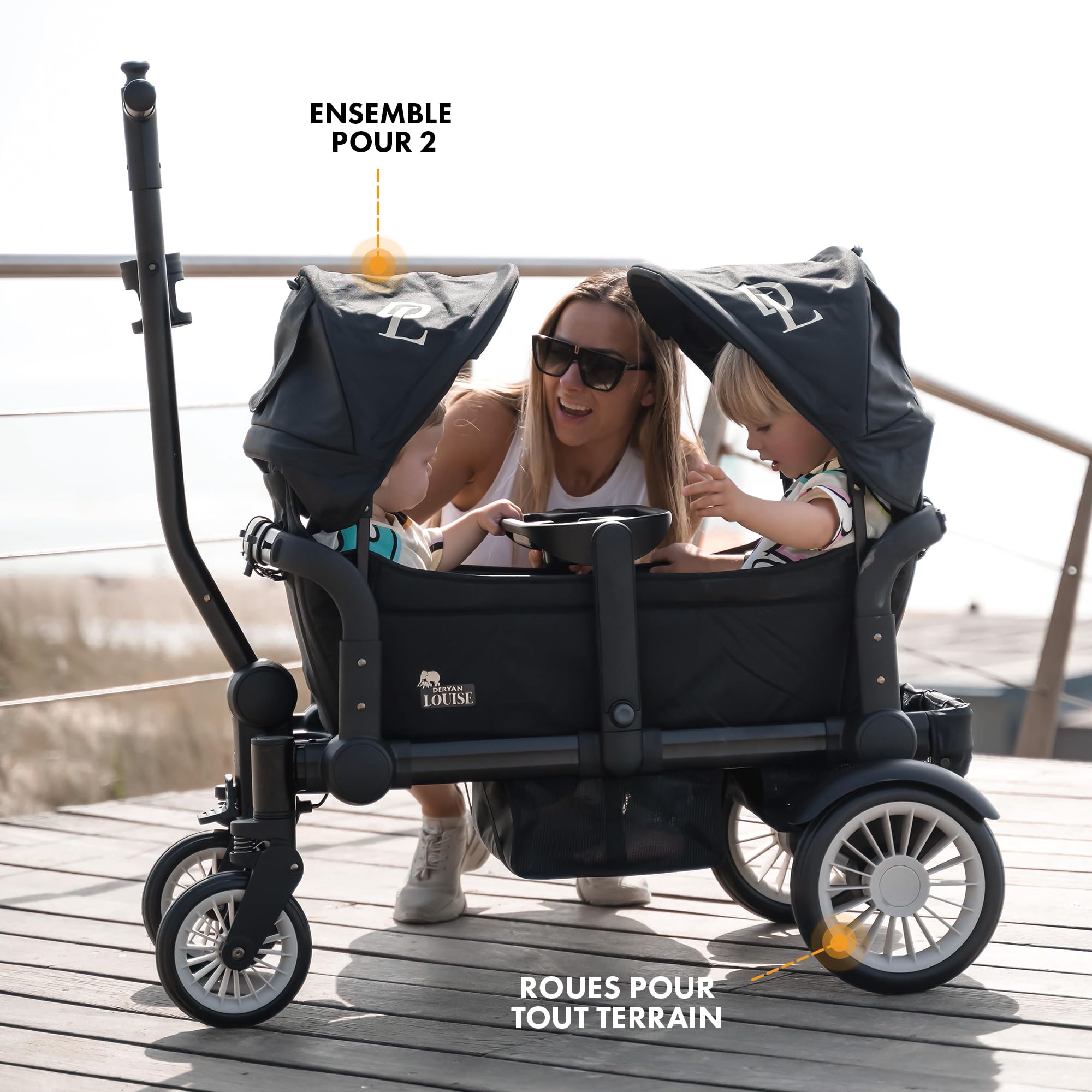 Deryan Sandy Chariot de transport pliable avec toit (1-5 ans), roues avant pivotantes à 360, frein avant et pneus en caoutchouc plein avec sac extérieur XXL, 2 poches en filet et housse, Noir