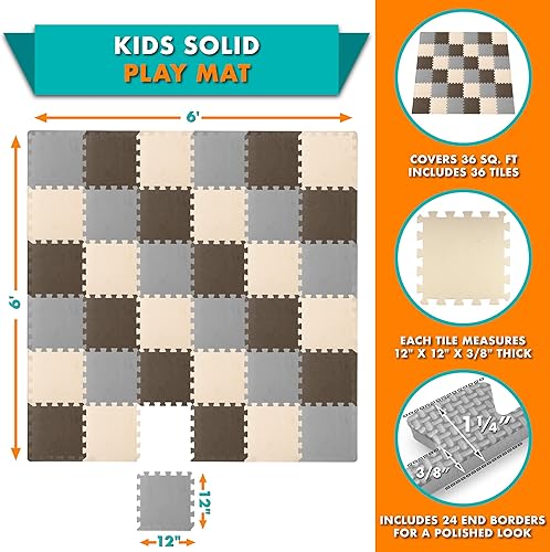 Miniatura 27 de ProSource Alfombra de espuma para rompecabezas para niños y bebés con colores sólidos, 36 o 16 azulejos encajables con bordes, Negro/Gris/Blanco