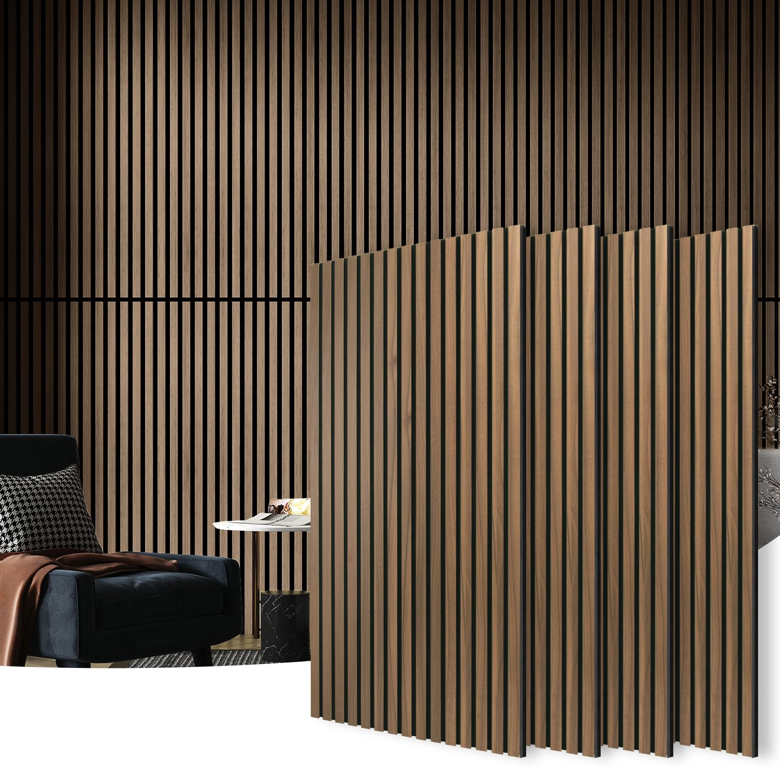 Art3d 4-Pack Fluted Acoustic Wood Slat Wall Panel, 47.2 x 23.6 Inch, Walnut