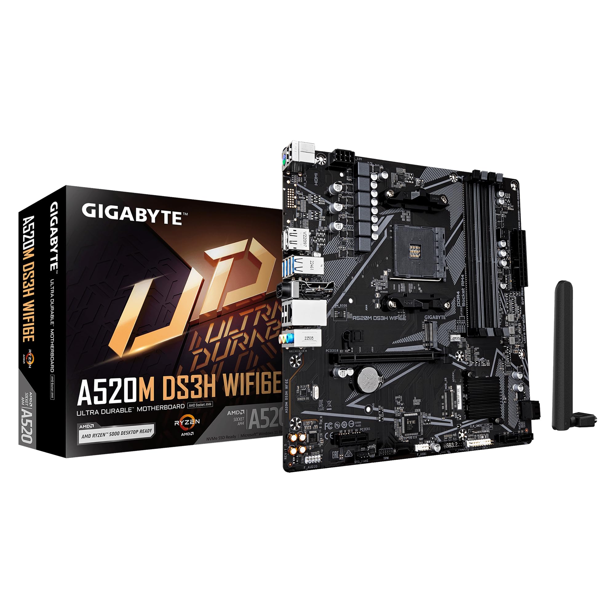 GIGABYTE A520M DS3H WIFI6E Placa Base – Compatible con CPUs AMD Ryzen 5000 Series AM4, hasta 4733 MHz DDR4 (OC), 1x PCIe 3.0 M.2, Wi-Fi 6E, LAN GbE, USB 3.2 Gen 1