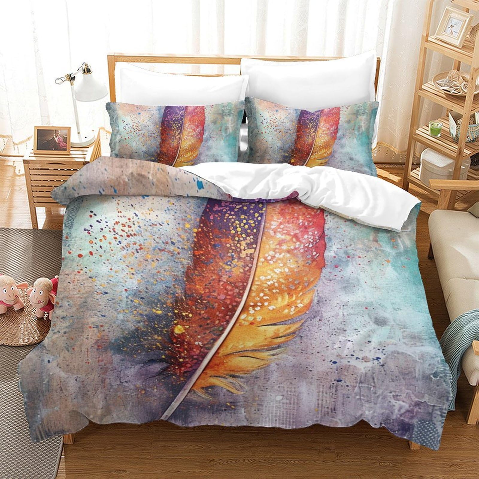 Housse de couette plumes parure de lit double 200x200 cm microfibre respirante 3 pièces