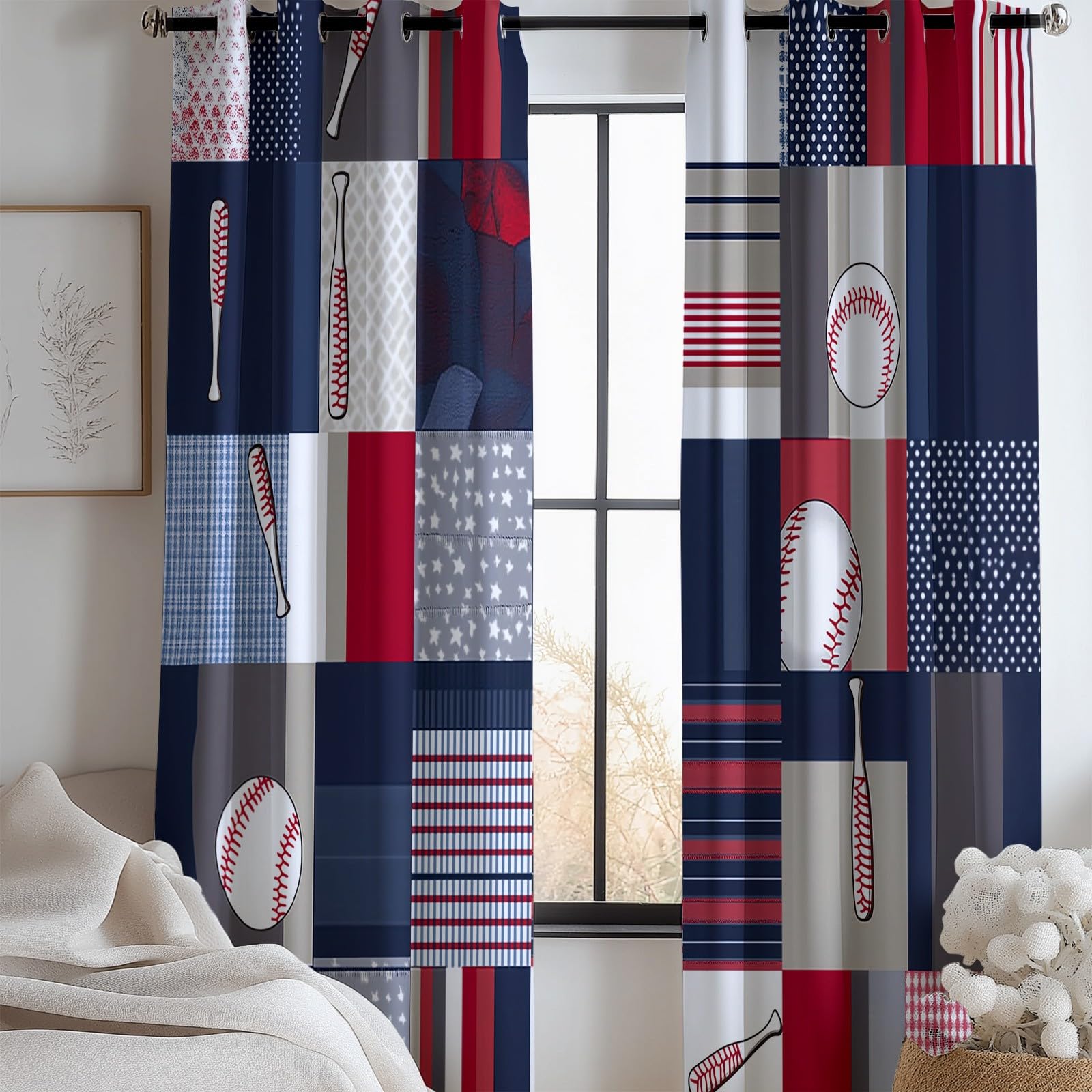 Generisch Blickdicht Vorhang Ösenschal Verdunkelungsvorhang 3D Patchworkmuster Baseball-Thema Gardinen Kinderzimmer Wohnzimmer Thermovorhang Polyester Vorhänge H215 x B110 cm 2Er Set