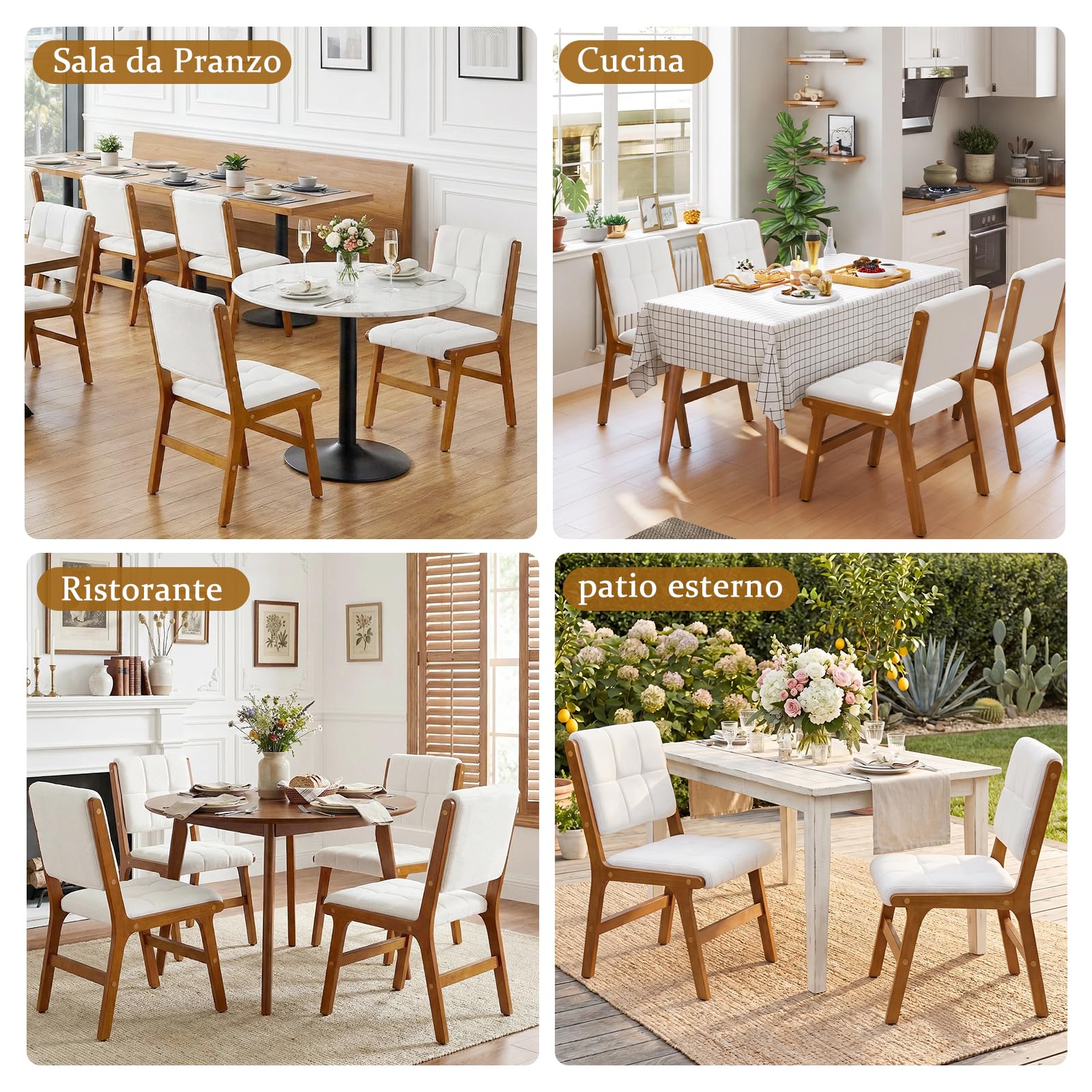Set di 4 Sedie da Pranzo, Sedia Imbottita Sala da Pranzo in Lino, Poltrone da Salotto con Gambe in Legno, Sedie da Cucina per Sala da Pranzo Cucina Soggiorno Camera da Letto, Beige