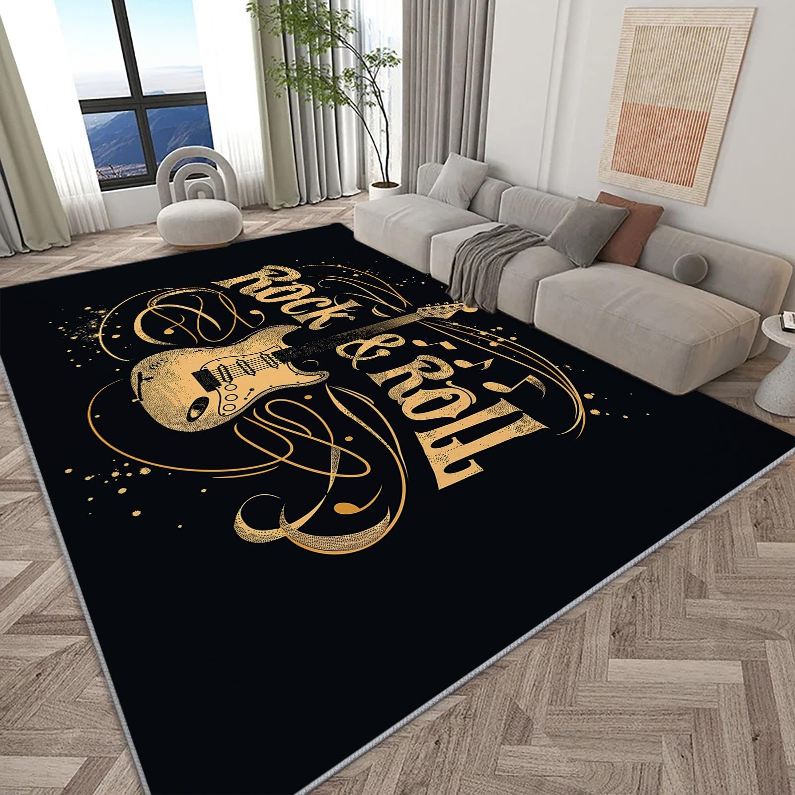 Générique Tapis de Salon Style Rock Guitare Notes De Musique Noir 160x230 cm Salle à Manger Adulte Bureau Design Moderne Poil Court Doux Léger Résistant, pour Salon, Chambre à Coucher, Couloir