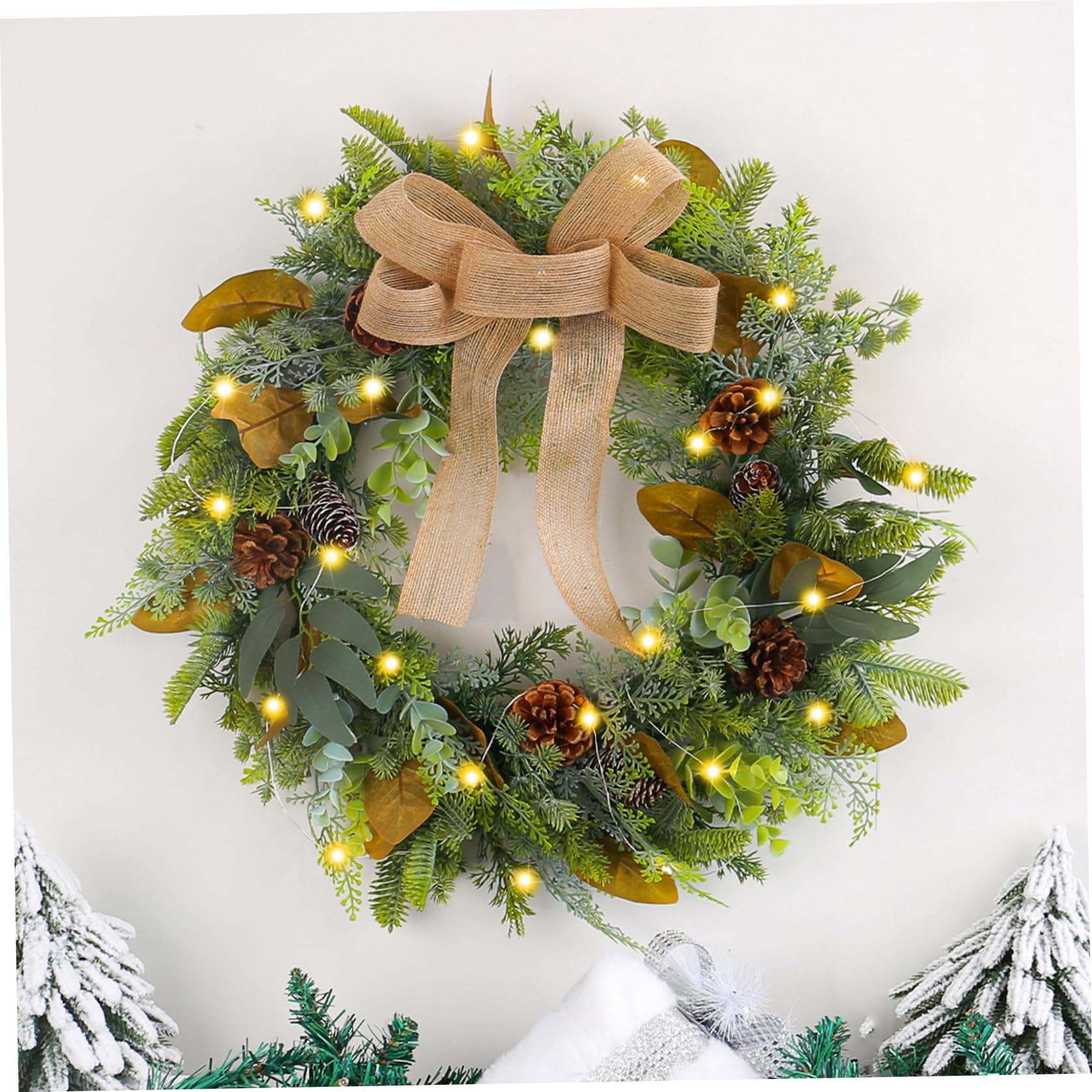 Couronne Artificielle, Couronne de Noël avec des lumières LED, Noël Suspendu de 18 Pouces avec Grand Arc, pinone, Feuilles pour la Porte d'entrée décor Vacances