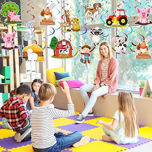 Miniatura 6 de Whaline 44 remolinos colgantes de animales de granja, remolinos colgantes para decoración de techo de fiesta temática de granja, remolinos coloridos