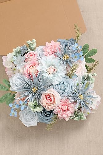 Miniatura 2 de Koroni Flowers Juego de flores artificiales de color azul y rosa, rosas falsas, peonías, flores de seda con tallos para ramos de boda, arreglos