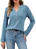 Long Sleeve Top for Women Henley Shirts Tunic Sweater Knit Fall Casual V Neck Pullover Loose Fit Dressy with Leggings