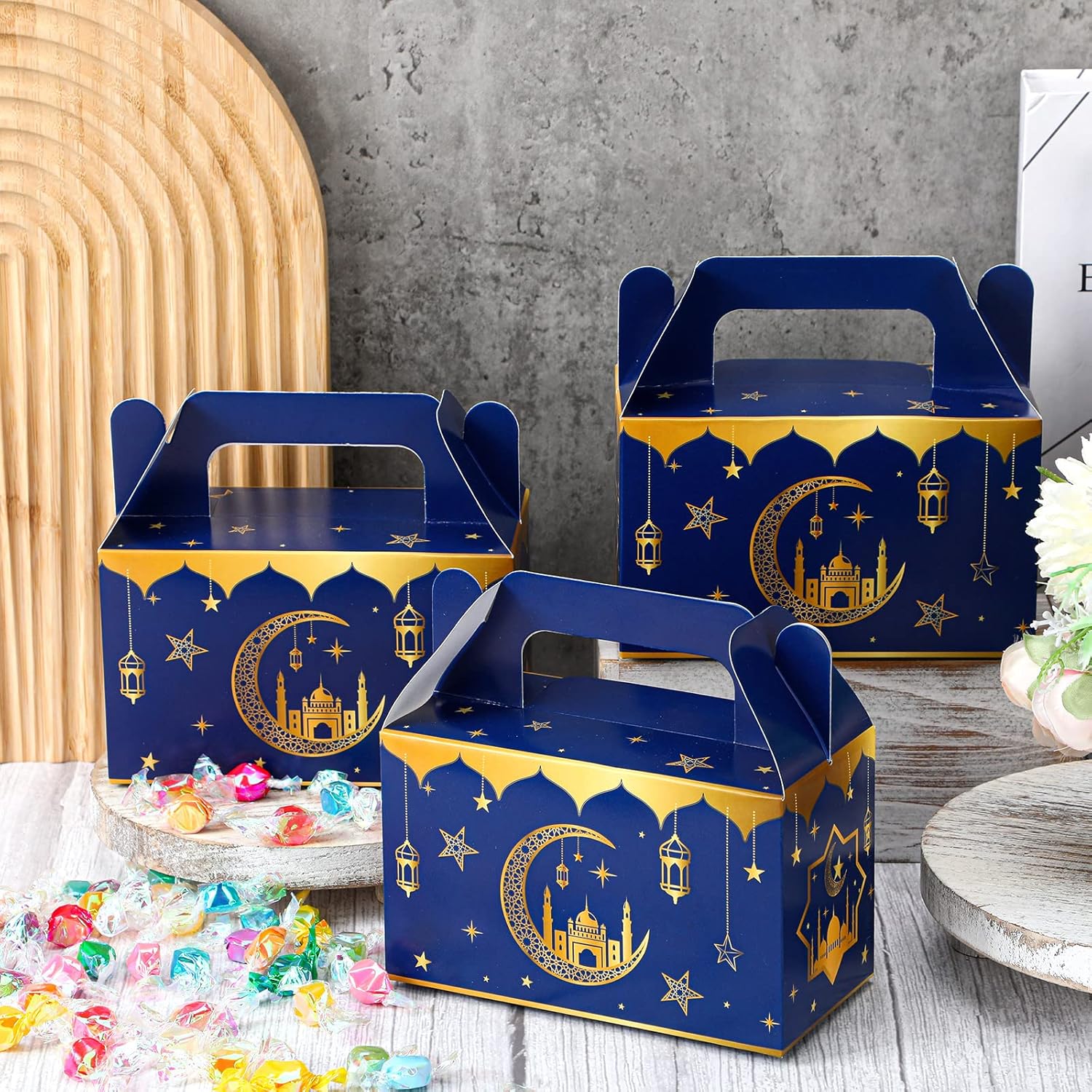 TaoBary 24 Pack Ramadan Eid Gift Bags Muslin Mubarak Ramadan Favor Boxes Foldable Eid Mubarak Candy Goodie Paper Present Boxes(Blue and Gold) - Image 4