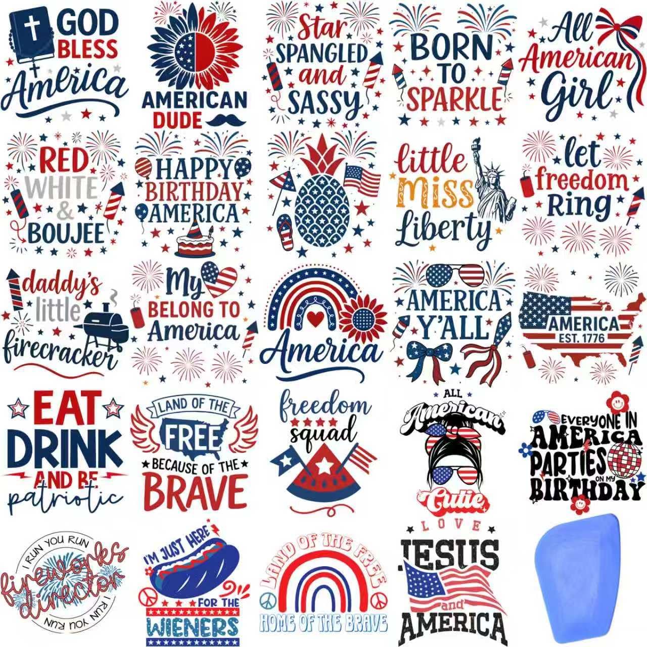 ZMRU 24 Sheets Vintage America 250 Rub On Transfers for Crafts, Rub On Transfers for Wood，Furniture Decals, Glass, Porcelain, Leather, Canvas, Fabric Projects,3 * 3inch(4Th of July)