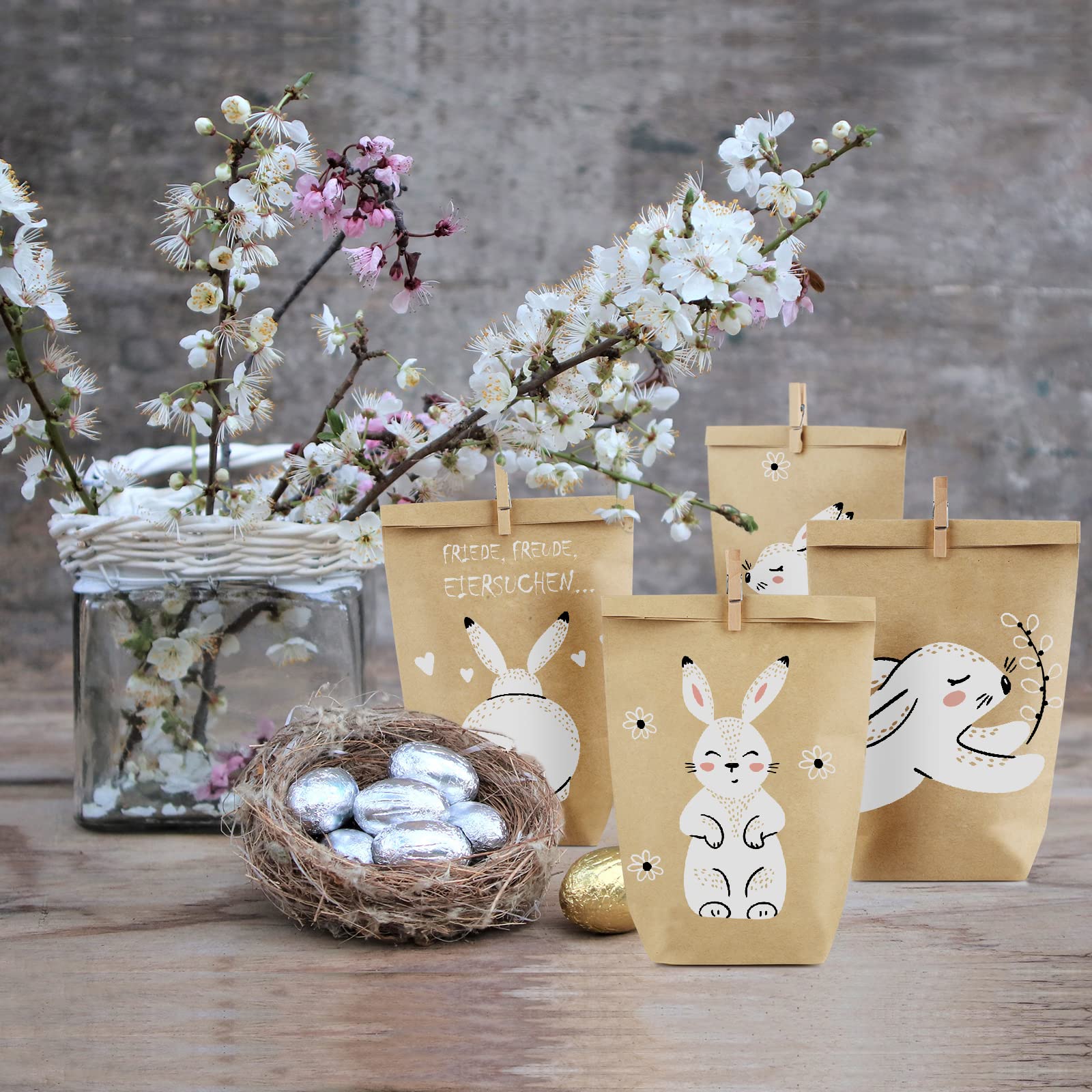 12 Sacchetti Regalo Di Pasqua In Carta Con Coniglietti E Fiori Stampati - Decorazioni Fai Da Te