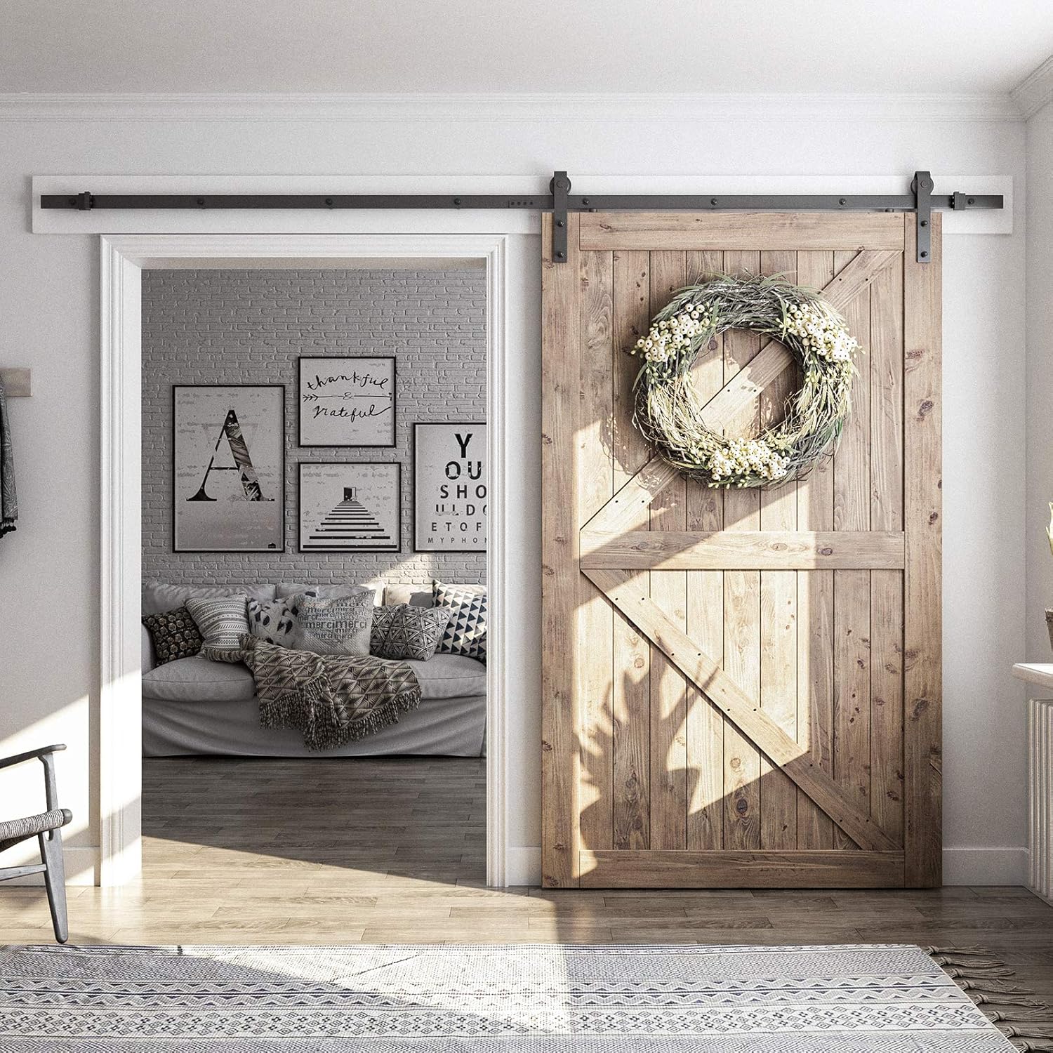 SMARTSTANDARD 10FT Sliding Barn Door Hardware Kit, Heavy Duty Track-Smoothly and Quietly-Includes Detailed Installation Instruction Fit 60" Wide Door Panel (J Shape Hanger) Black