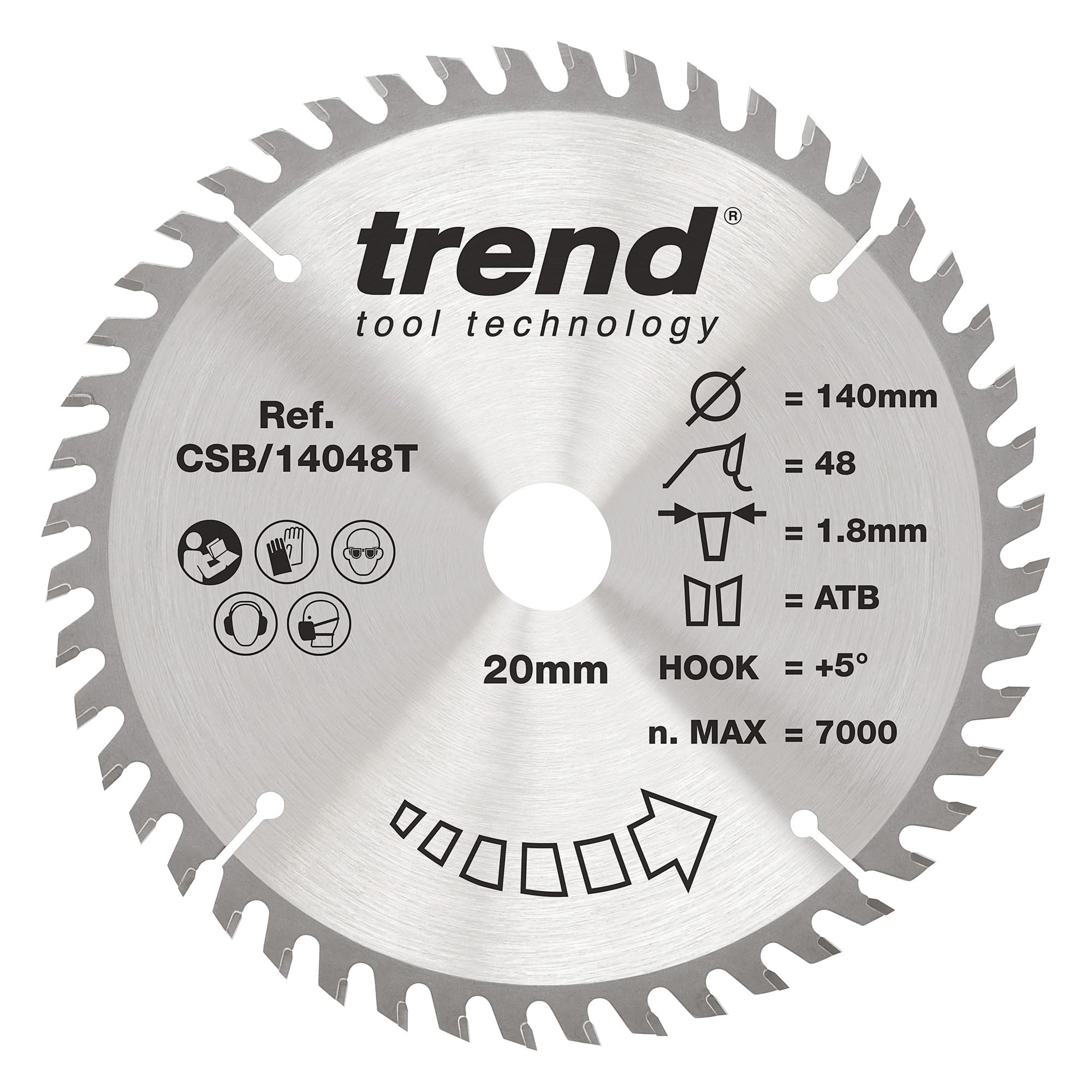 Trend Wood Cordless Circular Saw Blade, 140mm Diameter, 20mm Bore, 48 Teeth, 1.8mm Kerf, +5° Hook, TCT, Fine Finish, CSB/14048T