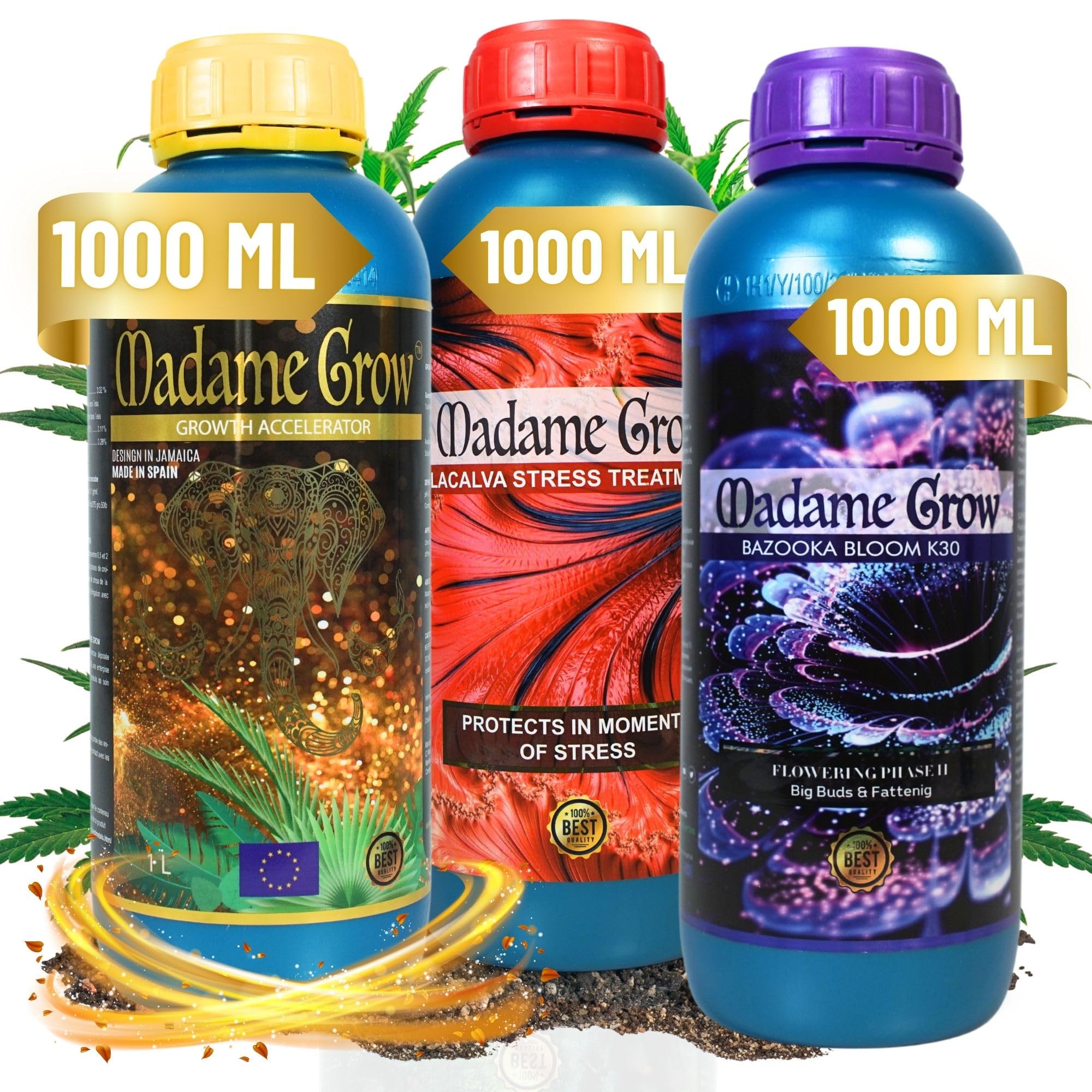 MADAME GROW Kit Kamala 3 x 1 Litro | Pack Fertilizantes Crecimiento Antiestrés y Engorde | Enraizante + Jabón Potásico + Engordador K30 | Pack 3 Abonos Orgánicos
