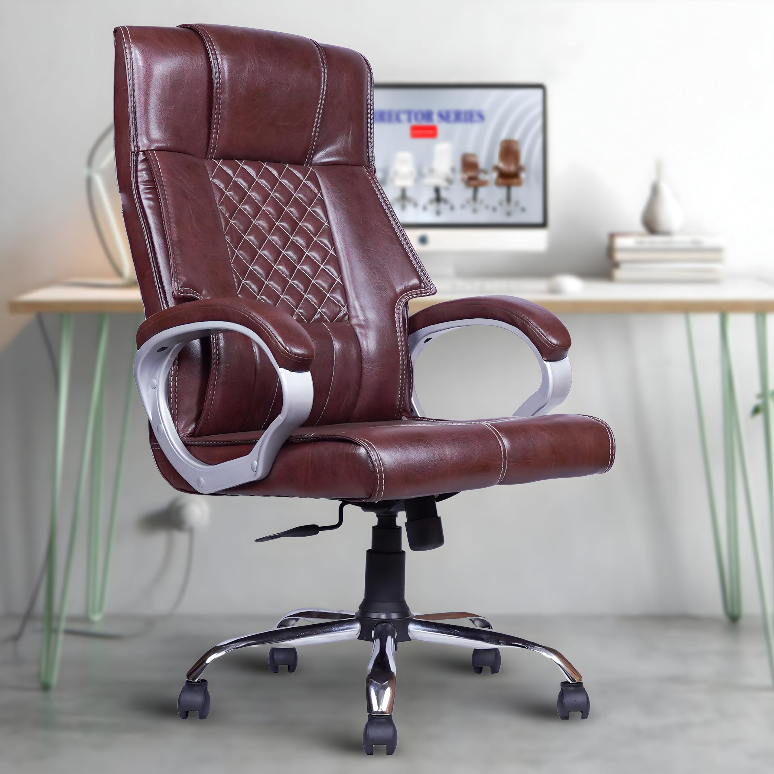 MRC Oxford High Back Ergonomic Leatherette Revolving Office Boss Chair with 360 Degrees Swivel Chrome Stand & Tilting Locking Mechanism,Engineering Wood (Brown) (B0CRHQBY88) Amazon Price History, Amazon Price Tracker