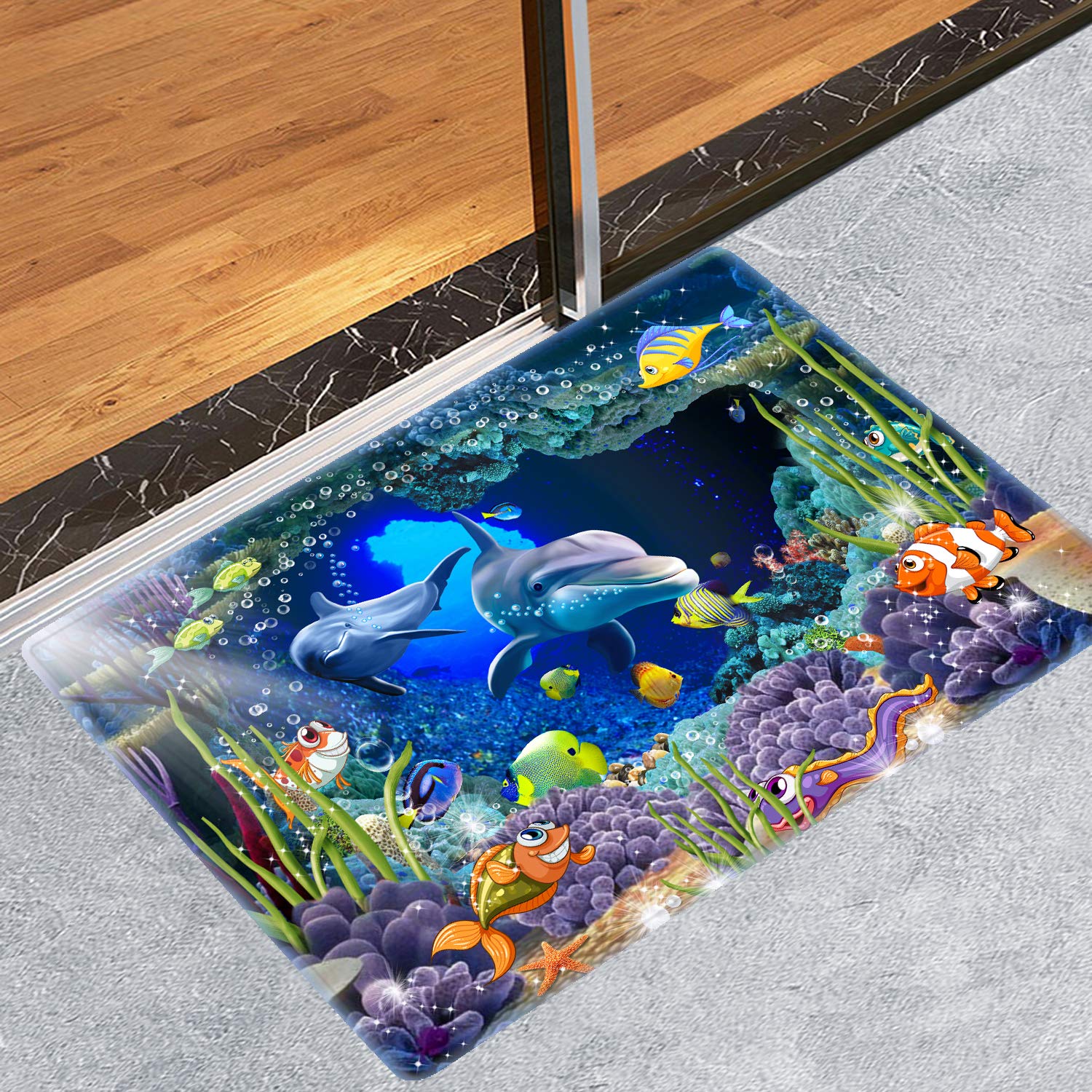 Tapis De Bain Motif Dauphins Bleu Sarcelle - Absorbant, Antidérapant, Séchage Rapide - Dimensions 50,8 X 81,3 Cm