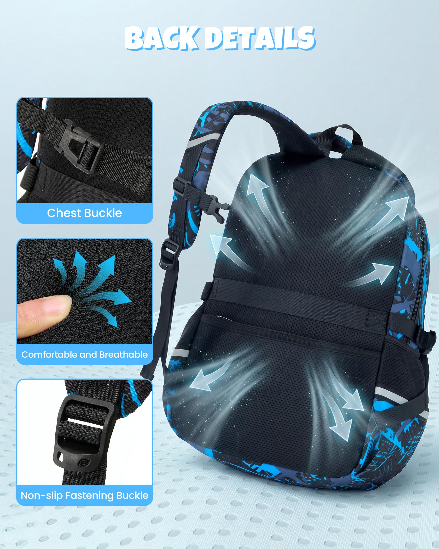 Amythe Cartable Scolaire Garçon Lumineux 3 Pièce 15.6" Imperméable, Bleu