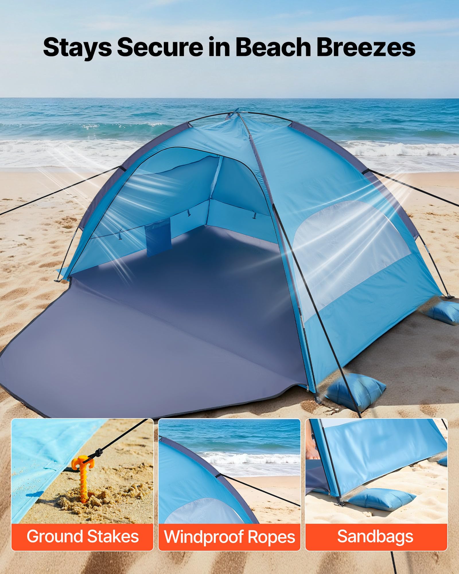 VEVOR Tenda da Spiaggia Parasole per Mare per 4 Persone, Tenda da Sole Portatile con Borsa per il Trasporto e Ancoraggi a Terra, Ombrellone da Spiaggia Leggero per Campeggio, Pesca, Picnic