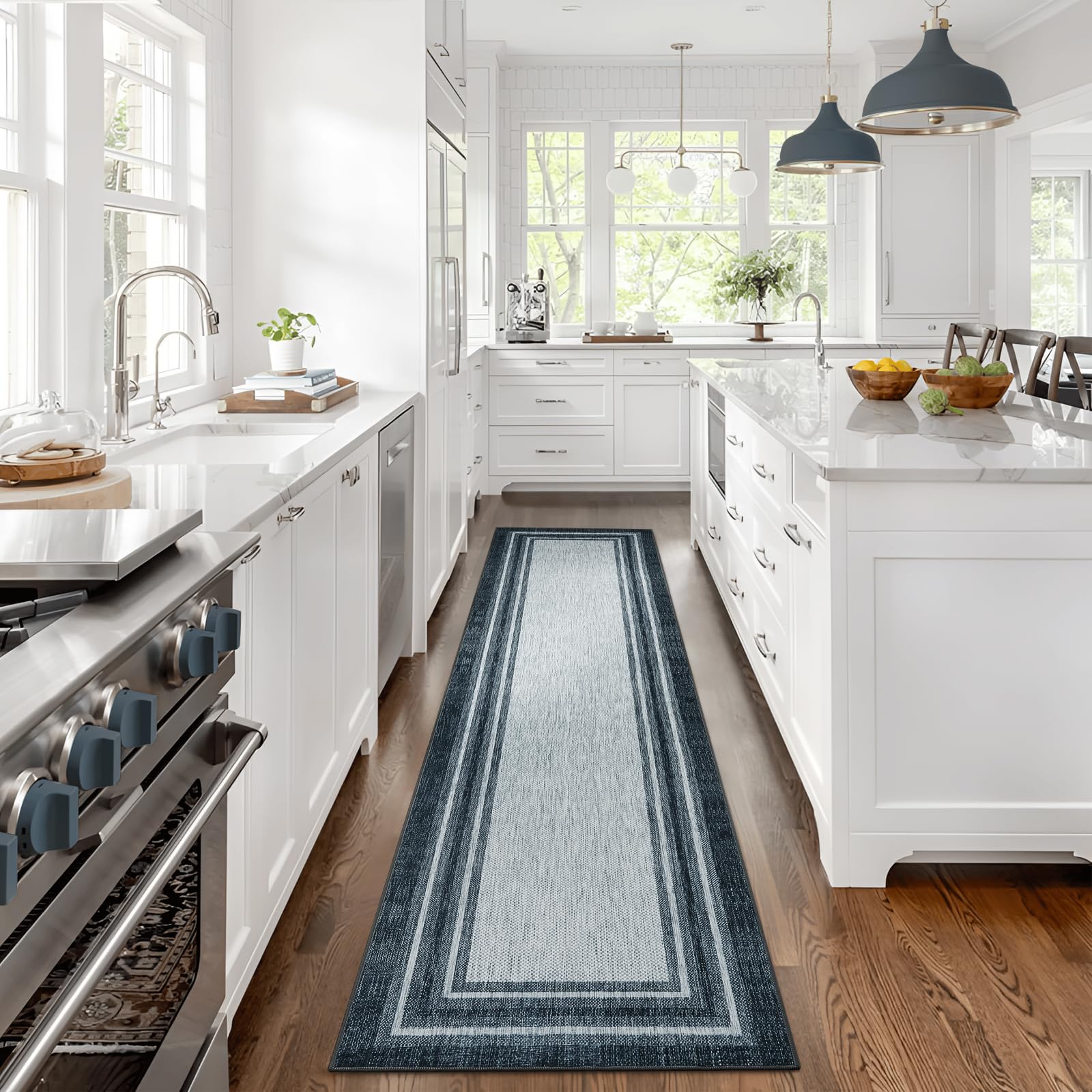 Modern Bordered Hallway Washable Runner Rug, Ultra Thin 2.5x10 Rugs for Entryway Black Printed Kitchen Runners Soft Floor Mat Non Slip Indoor Carpet for Bathroom Bedroom Stairway