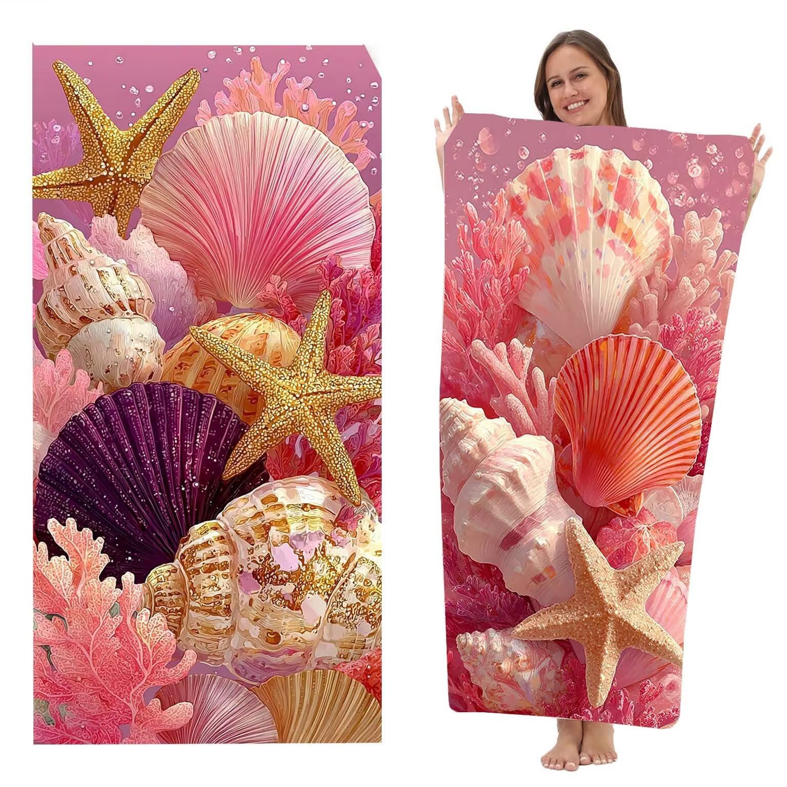 Serviette de Plage Microfibre 100x200 cm, Léger et Doux Anti Sable Séchage Rapide, pour la Plage, Les Voyages, Les piscines Intérieures ou Les saunas, Serviette 2 PC (Coquille D'Étoile De Mer) z-4463