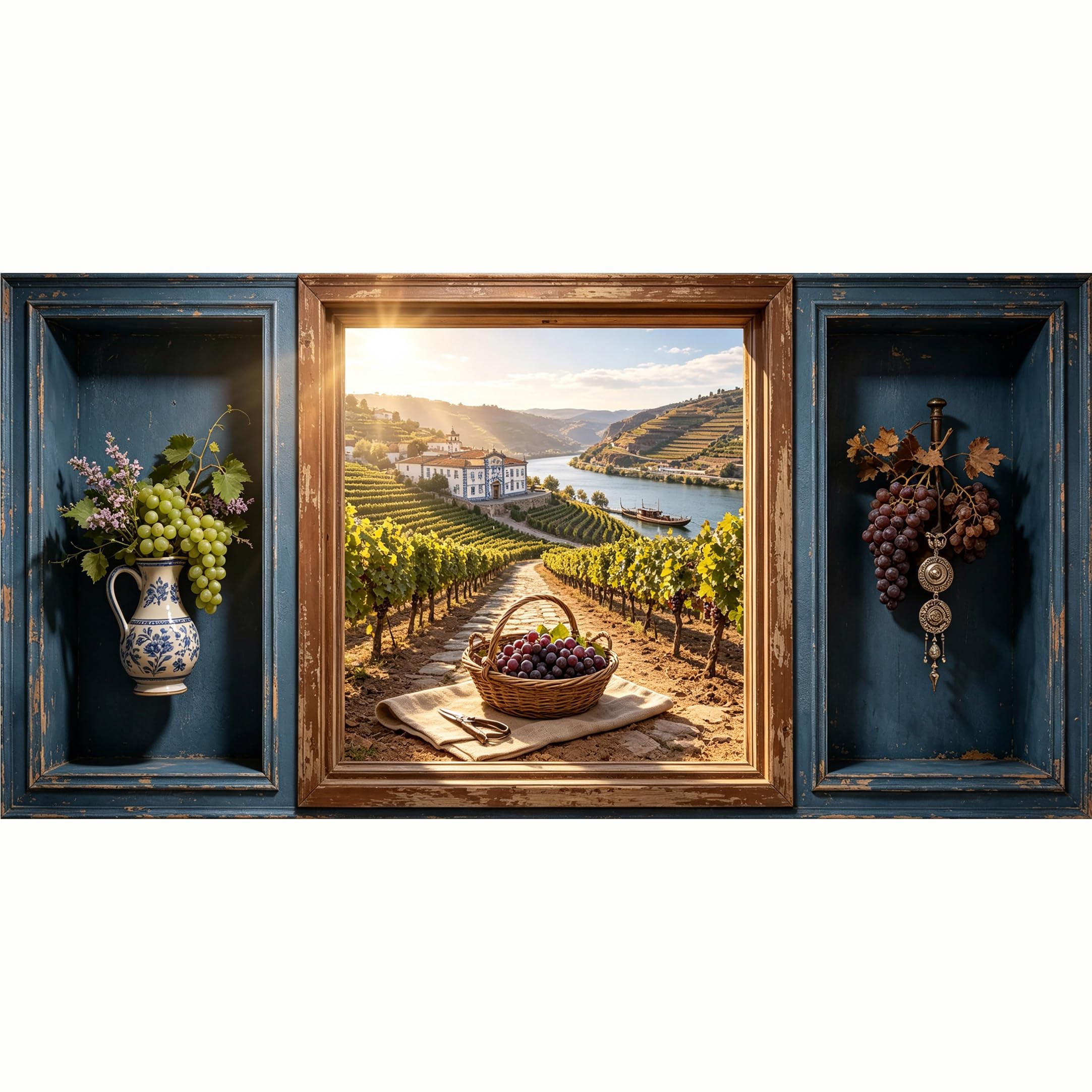 QZLITHOTIC 50x100cm 3D Framed Wall Art， Tuscany Vineyard Landscape Wine Harvest Self‑Adhesive Mural， Water‑Activated Peel & Stick Fabric Decor Wall Decal for Bedroom Living Room