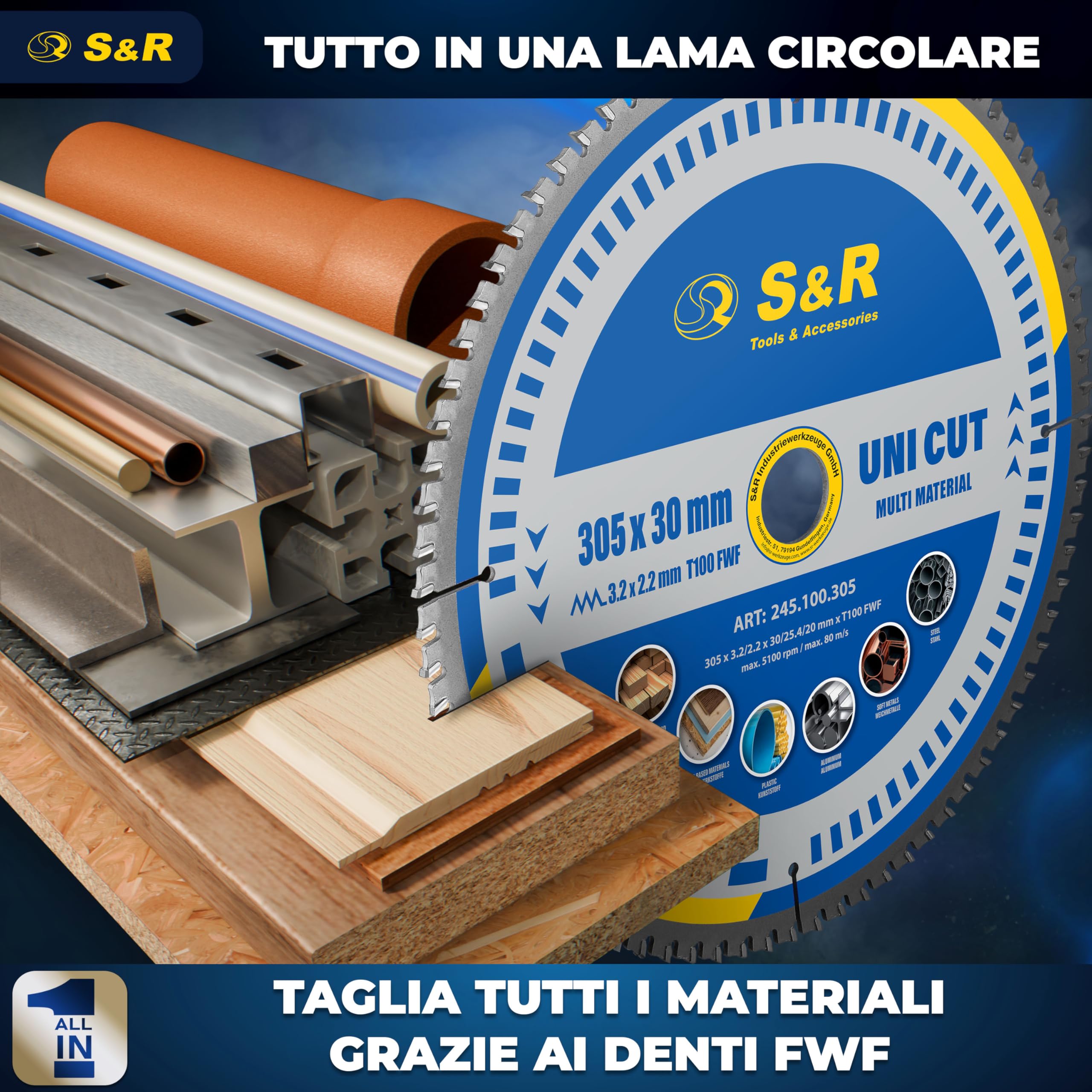 S&R Lama per Sega Circolare 305 x 30 mm 100 Denti FWF - Disco da Taglio per Metallo Alluminio Profili di Acciaio Legno - Lama Compatibile con Sega Circolare da Tavolo Bosch Makita Einhell Ryobi