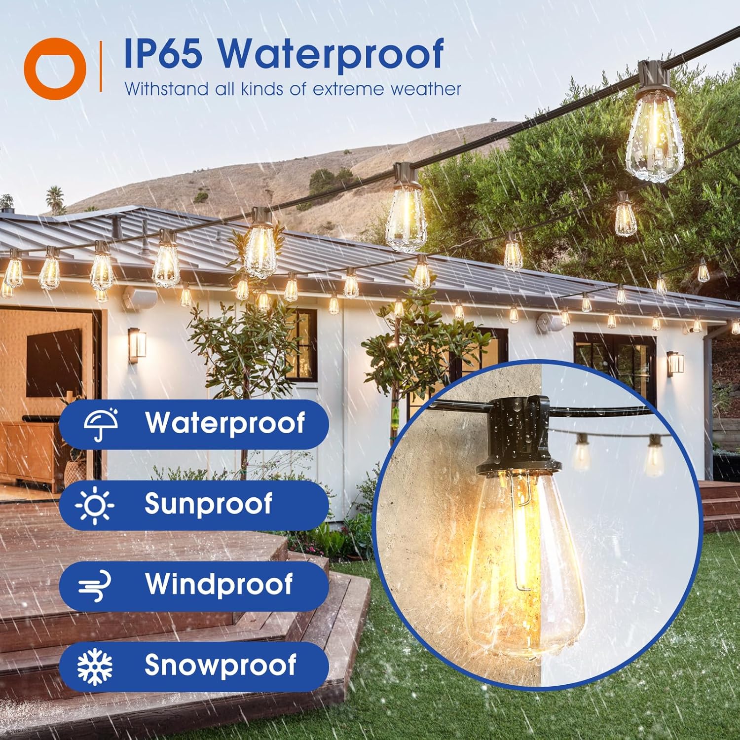 addlon 25FT LED Outdoor String Lights Waterproof Patio Lights with 9 Shatterproof ST38 Replaceable Bulbs(1 Spare), Dimmable Outside Hanging Light Connectable for Porch, Backyard, 2200K Warm Yellow