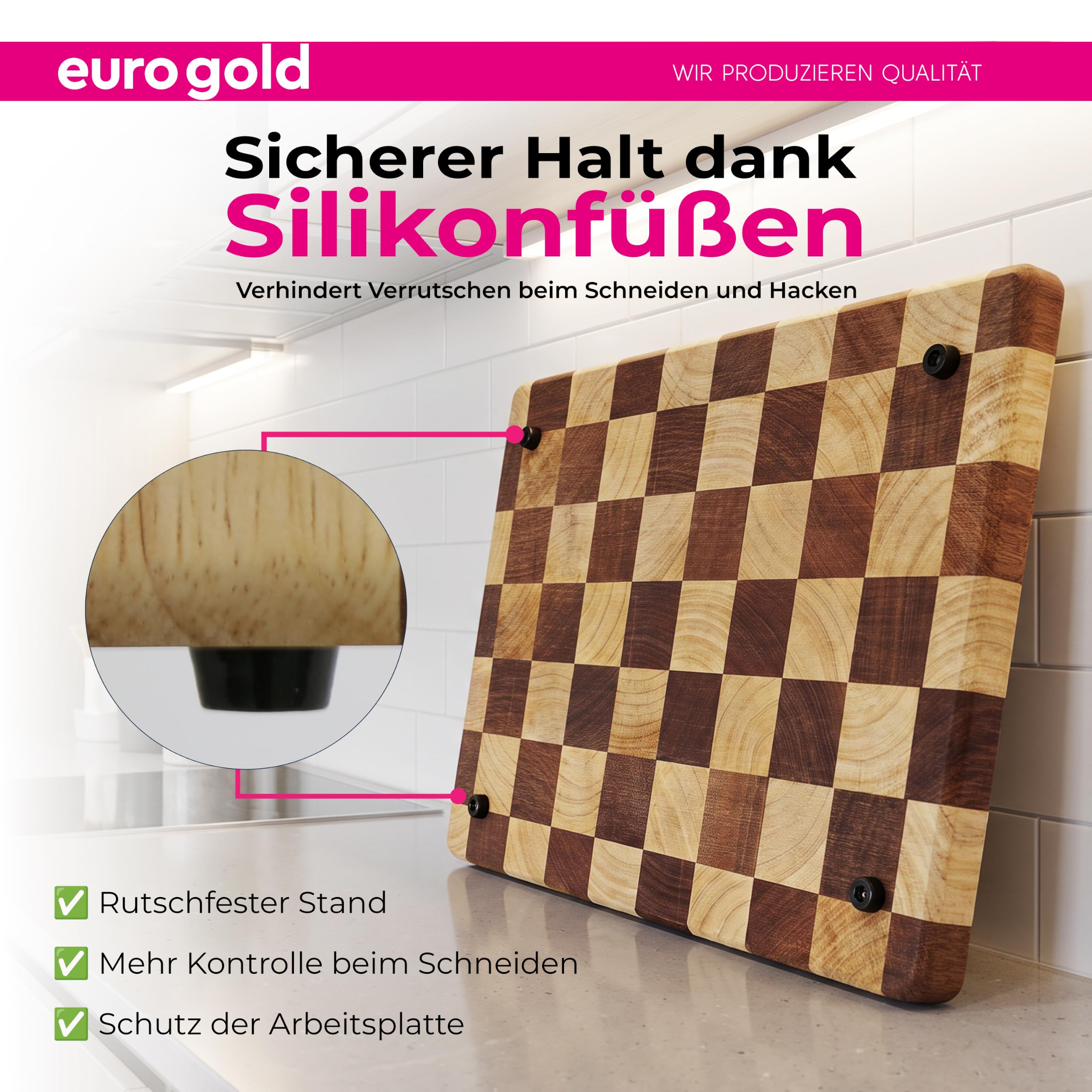 EUROGOLD Schneidebrett aus Gummiholz 40x29x3 cm mit schwarzen Füßen