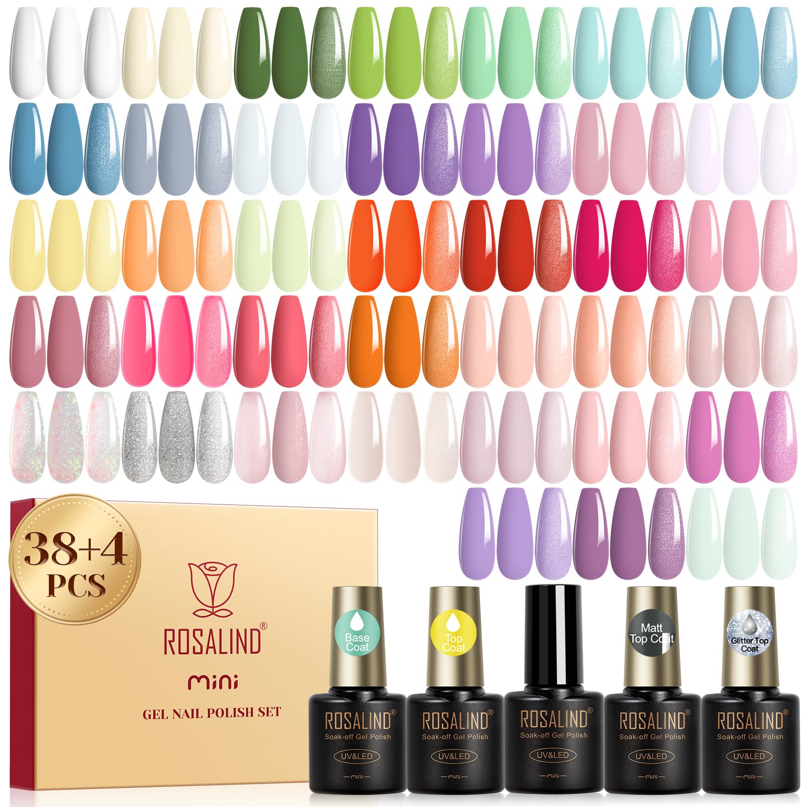 ROSALIND Vernis Semi Permanent 42PCS Pastel Blanc Jaune Vert Bleu Violet | Orange Nude Couleurs Vernis Gel Semi Permanent Pastel, Mini UV/LED Printemps D'été Vernis Semi-permanent Cadeau