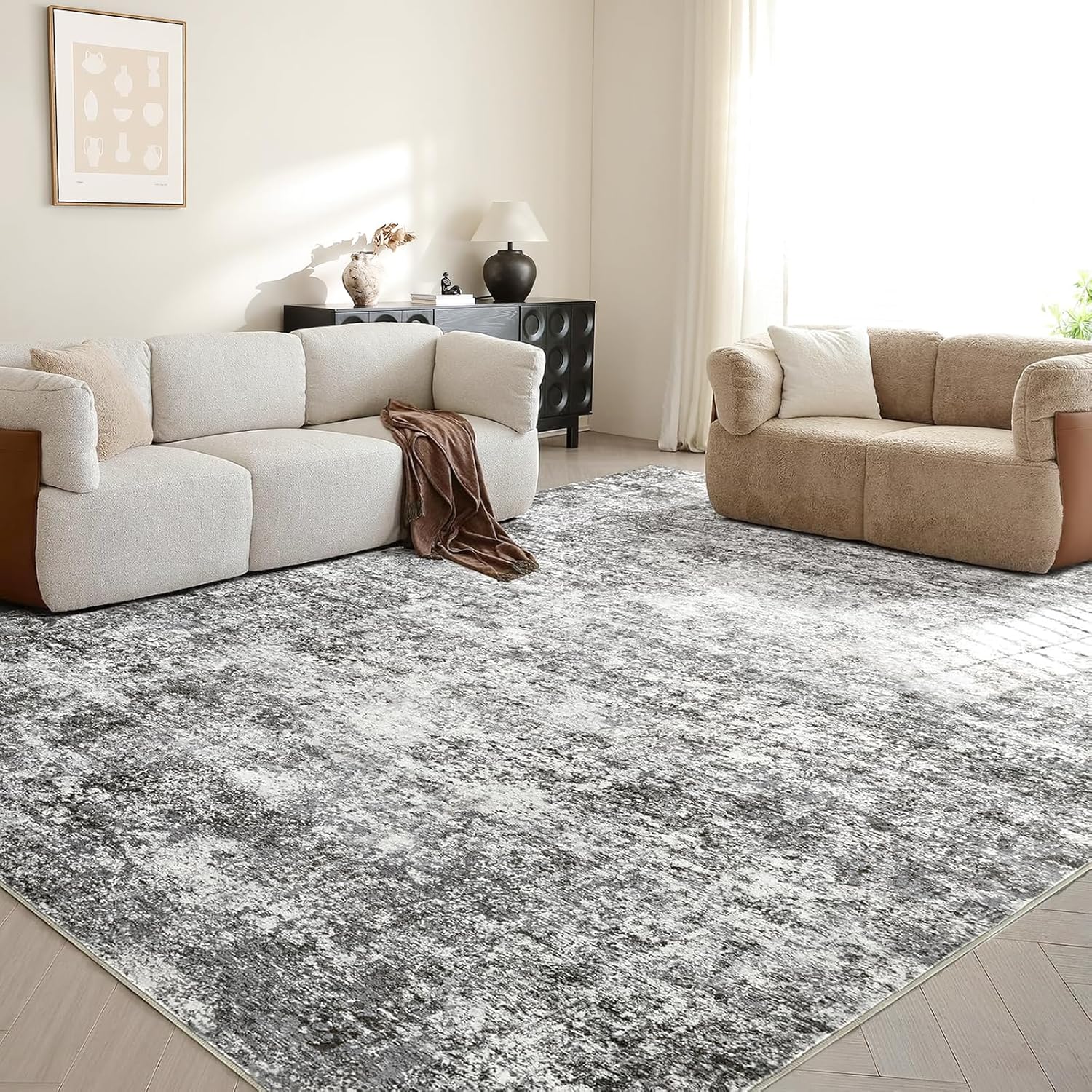 LOVORAL Area Rugs for Living Room: 4x6 Washable Neutral Abstract Rug for Bedroom Large Soft Modern Dining Room Rugs Indoor Floor Low Pile Carpet for Home Office Nursery - Grey