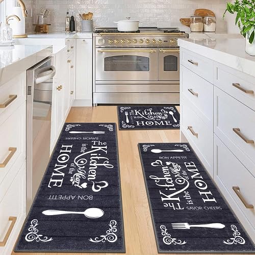 Vaukki Boho Kitchen Rug Sets 3 Piece,Black Washable Kitchen Mat