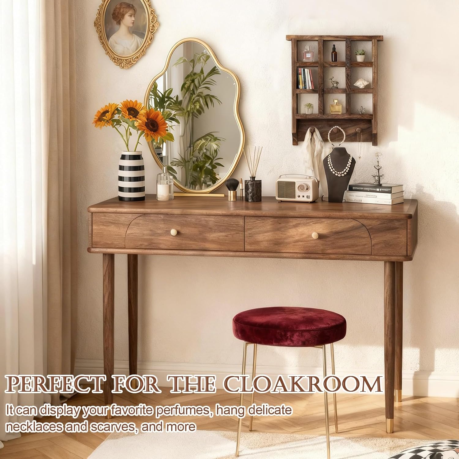 Wooden Heart Trinket Shelf for Wall 14 x 12 Inch Burnt Color Floating Shelf with 9 Openings & 3 Pegs Rustic Heart Wall Mounted Figurine Display Shelf Suitable for Small Gadgets Crystals Keys Decor