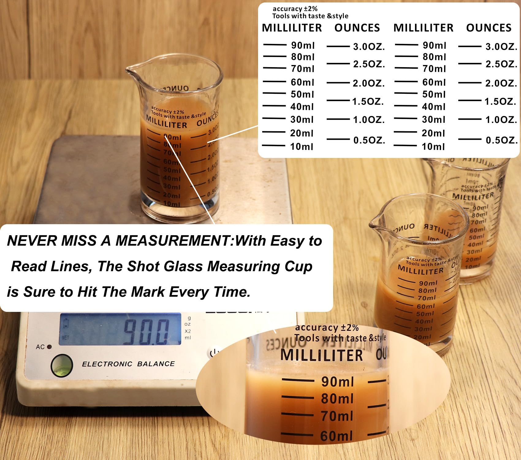 Bicchierino dosatore da 90 ml, in vetro per caffè espresso liquido, linea rossa e nera