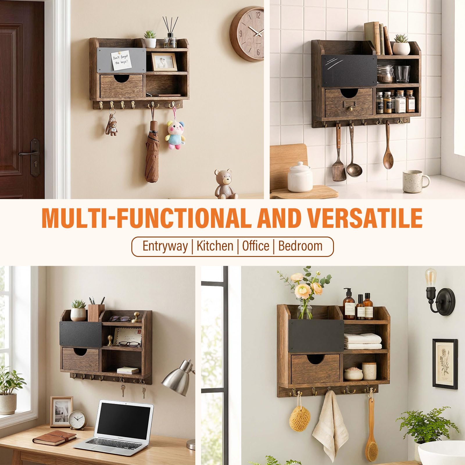 Porte-clés Mural en Bois et Métal avec Étagère, Support Clés et Courrier pour Entrée, Couloir et Bureau, Crochets pour Clés et Petits Objets, Design Moderne et Élégant – 37×28,5 cm
