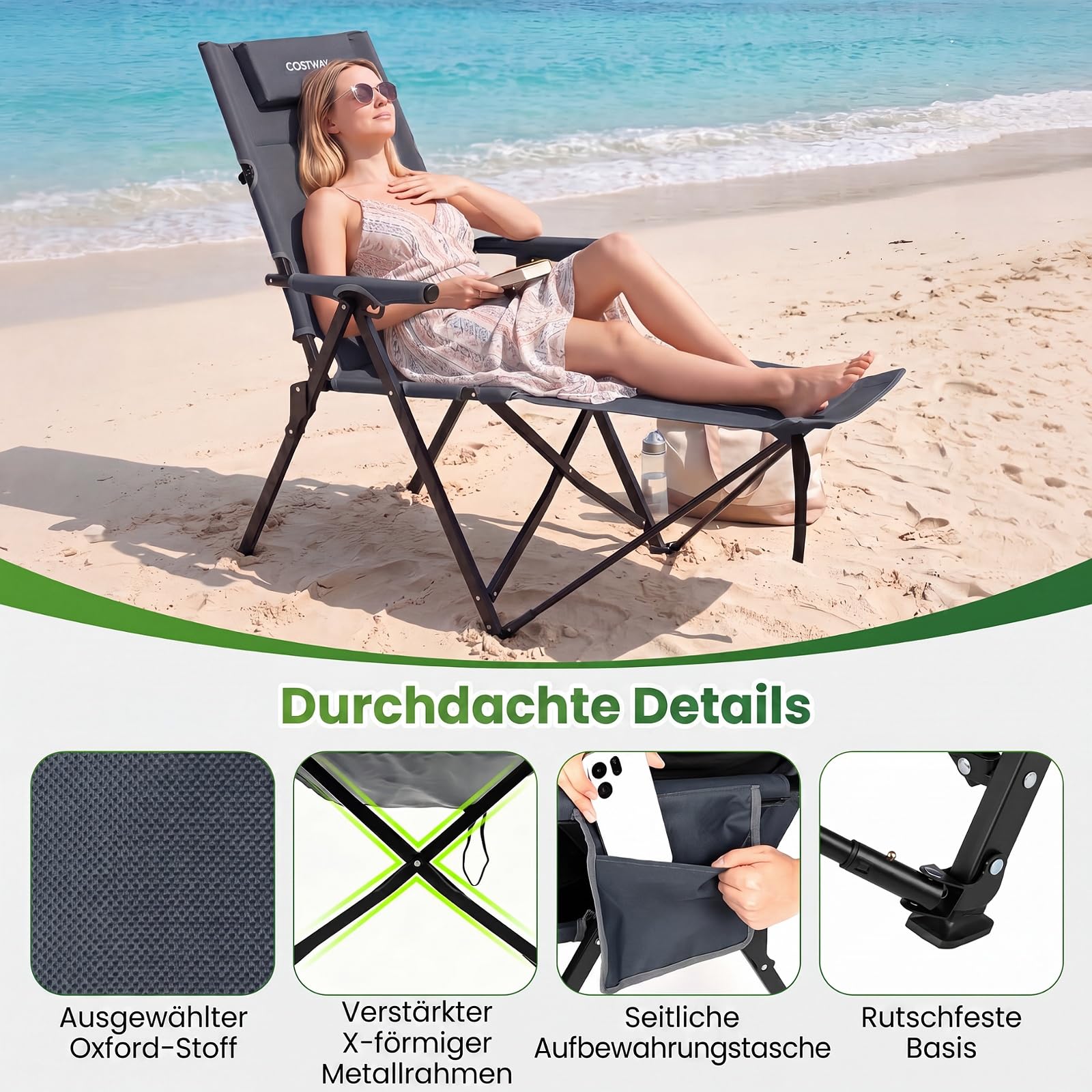 COSTWAY Campingstuhl mit Fußablage, klappbarer Liegestuhl (Grau) | 4-fach verstellbare Rückenlehne, Kopfstütze & Seitentasche, Hochlehner Gartenstuhl, Strandstuhl, Klappstuhl für Camping