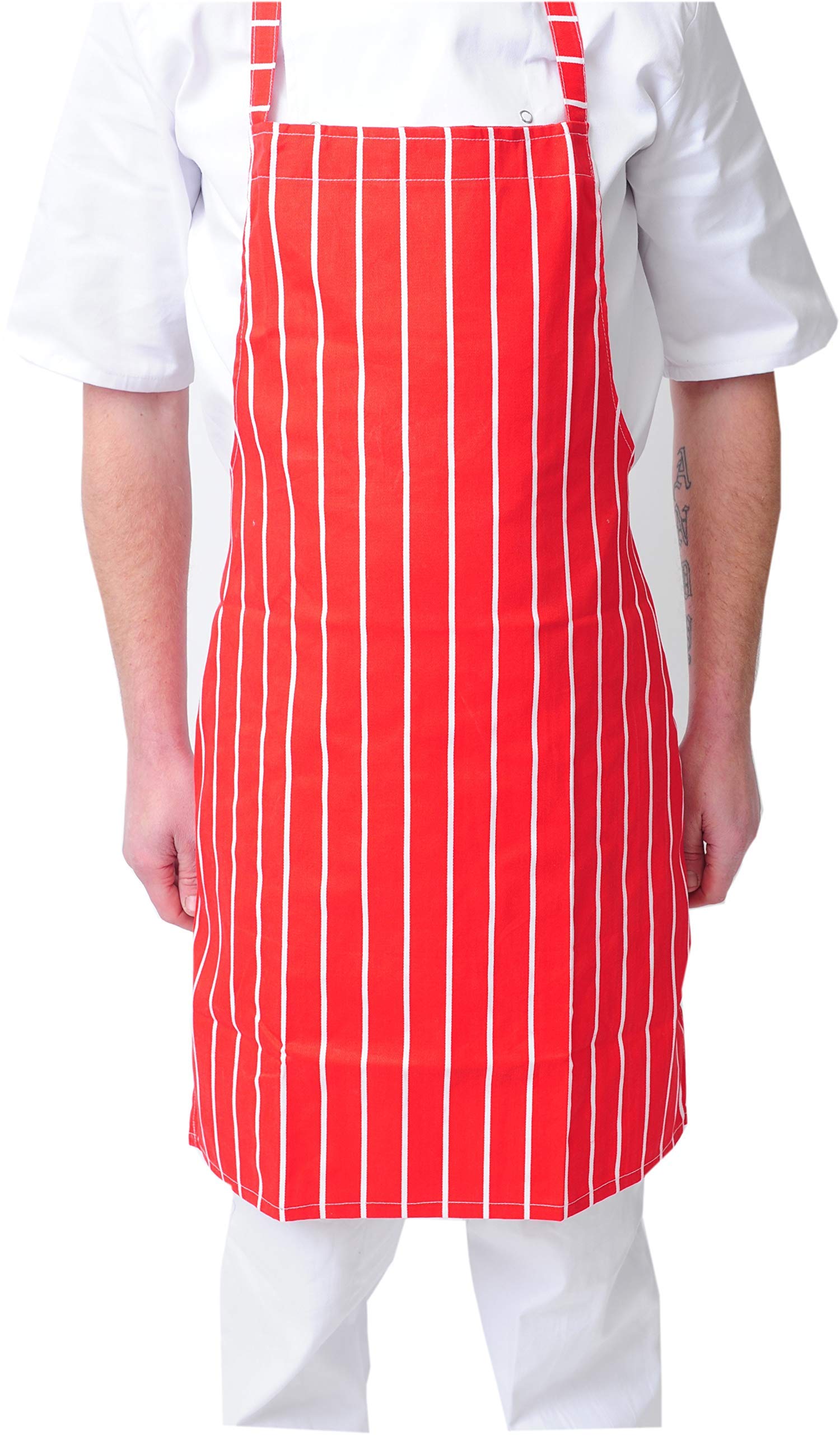 Black Pepper Polycotton Stripe Butcher Bib Aprons, Professional Home Kitchen Apron for Chef, Butchers, Cooking, Caterers, Baking (Red/White (No Pocket))