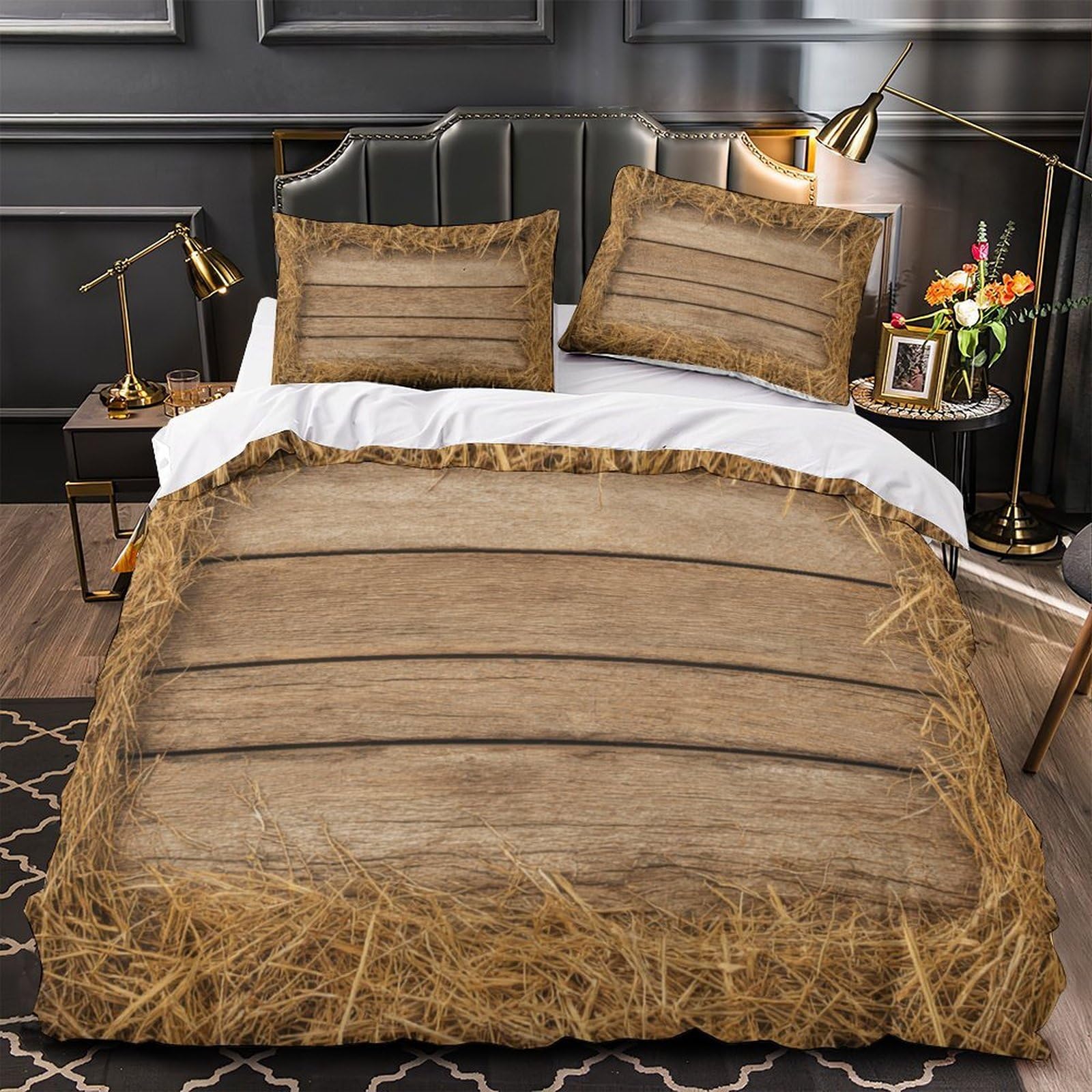 Housse de couette effet bois rustique 140x200 avec 2 taies