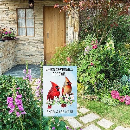 Miniatura 5 de Bandera de jardín cardenal When Cardinals Appear Angels Are Near Memorial Yard Flag 12x18 pulgadas de doble cara floral de pájaros rojos bandera de