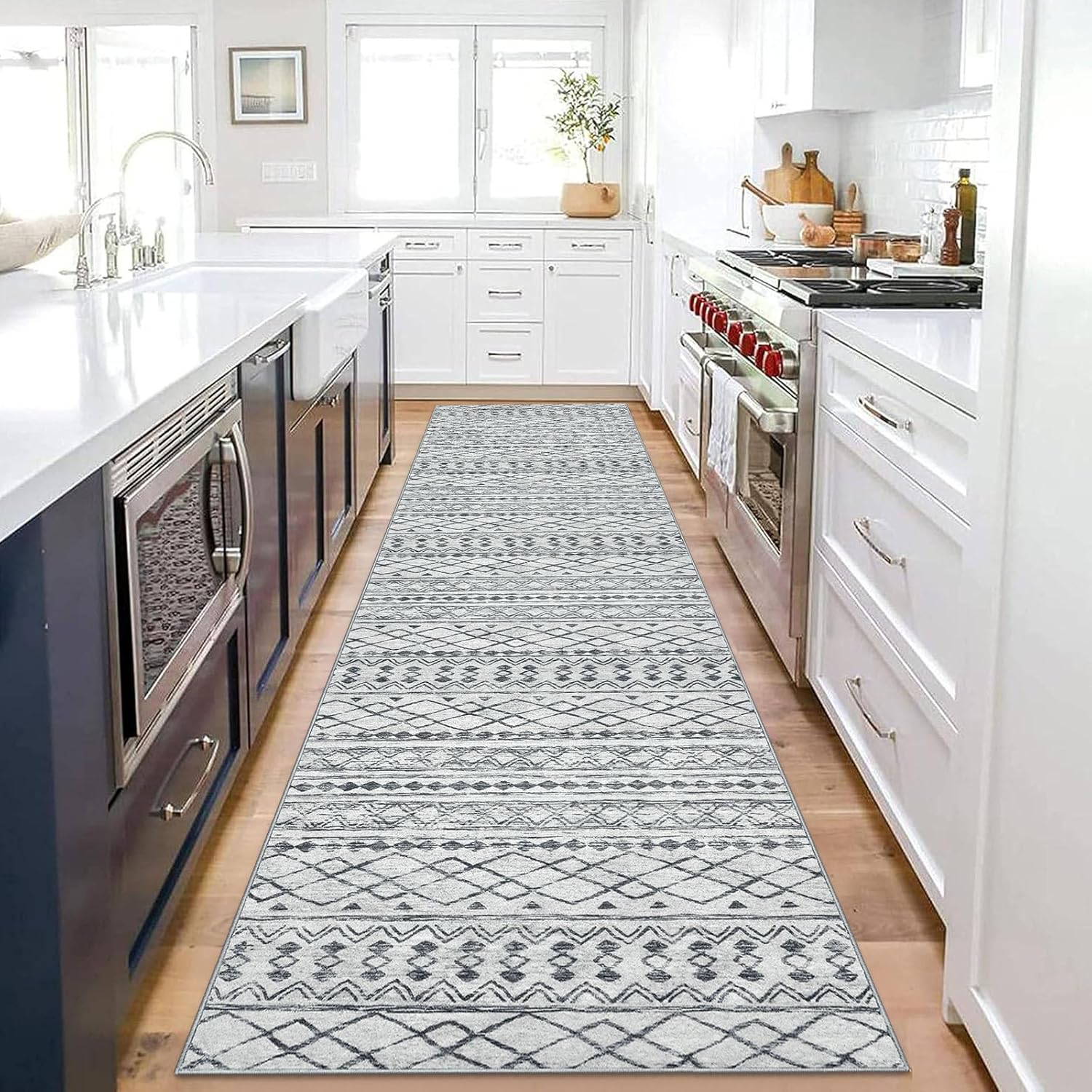 KUTA Boho Runners for Hallways 2.6x10 ft Moroccan Washable Runner Rug Non-Slip Vintage Black Kitchen Rug Ultra Soft Distressed Geometric Floor Carpet Runner for Bedroom Laundry Living Room 2.6'x10'?31.2"x120"? Grey