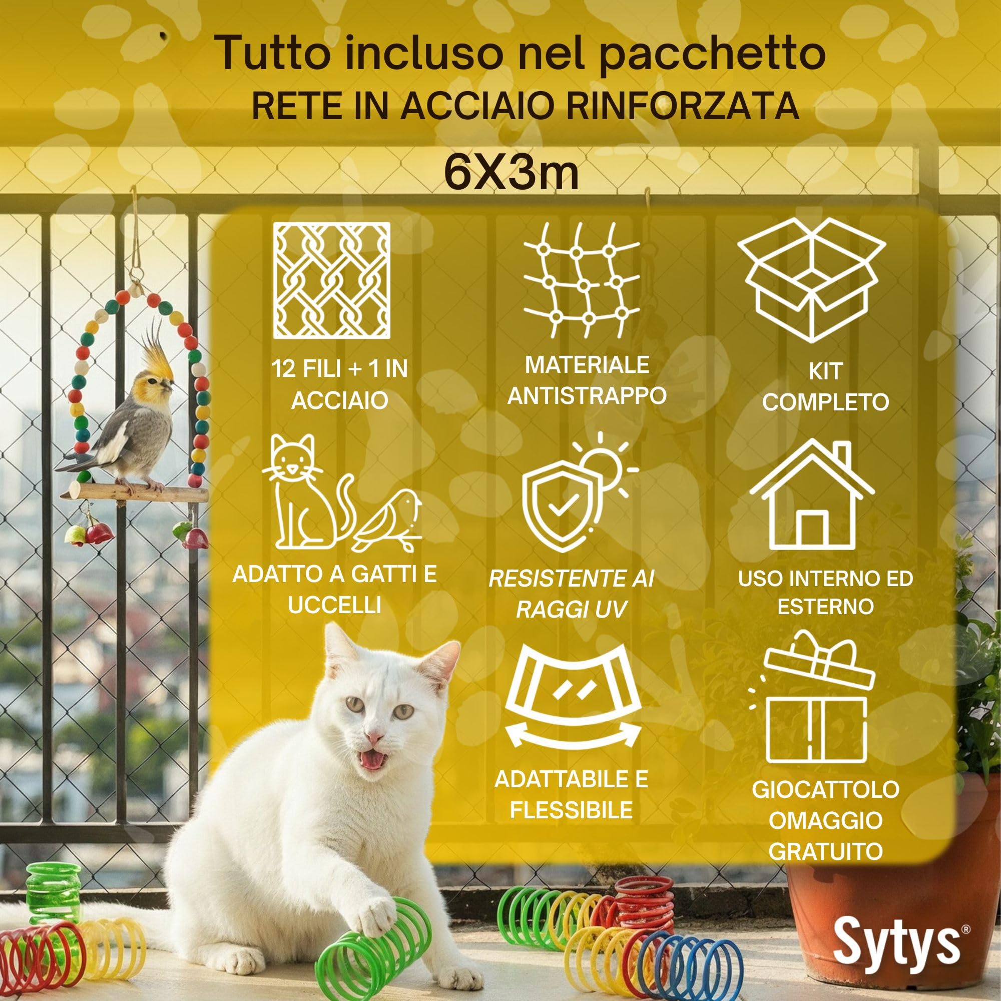 Rete per Gatti Balcone Esterno | Rete di Protezione per Gatti e Uccelli | Rinforzata in Acciaio Inox | Extra Grande 6x3 m | Fissa e Scorrevole | Kit Incluso | Manuale in Italiano