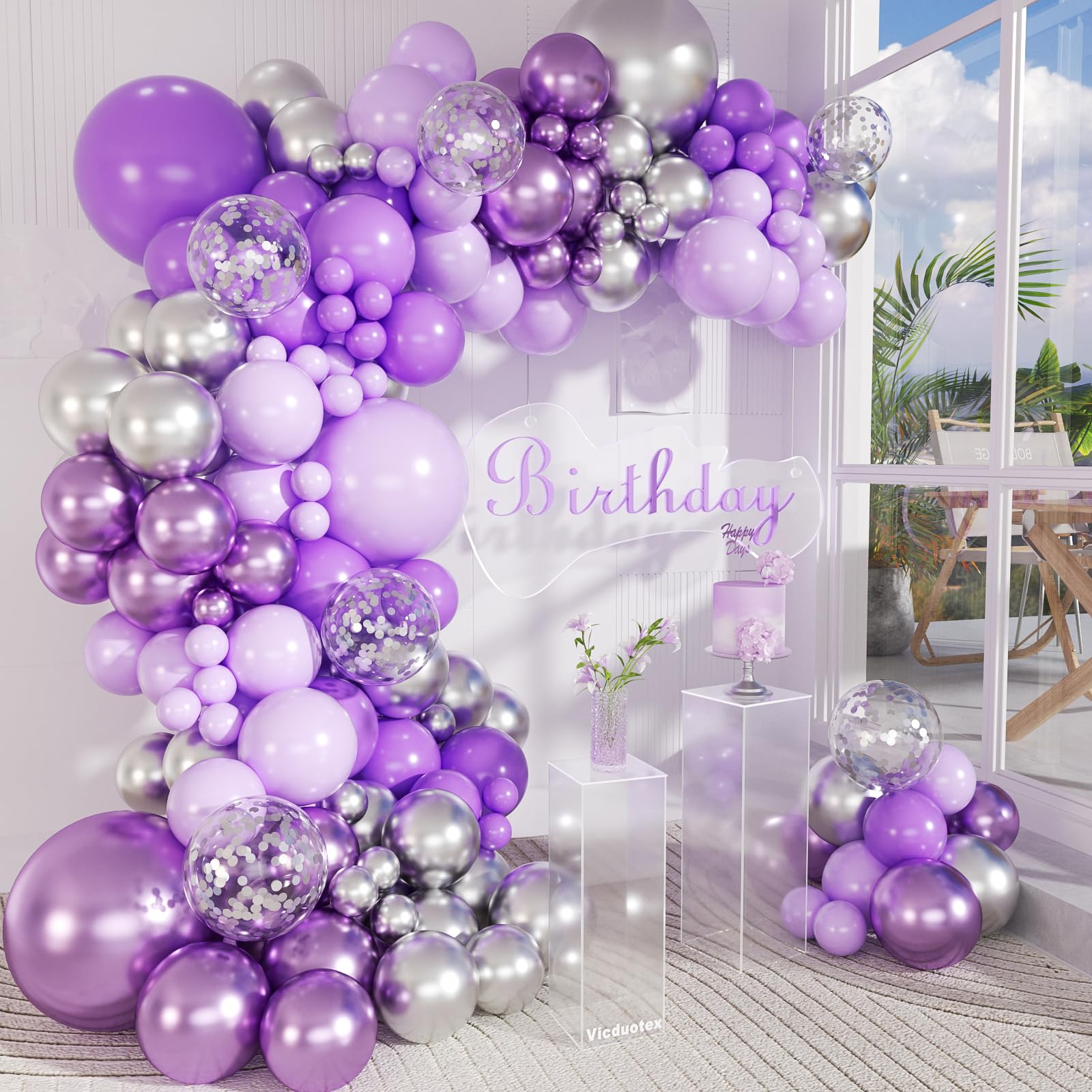 147pcs Purple and Silver Balloon Arch Kit, 18 12 10 5inch Light Purple Metallic Silver Balloons for Butterfly Birthday Lavender Wedding Baby Shower