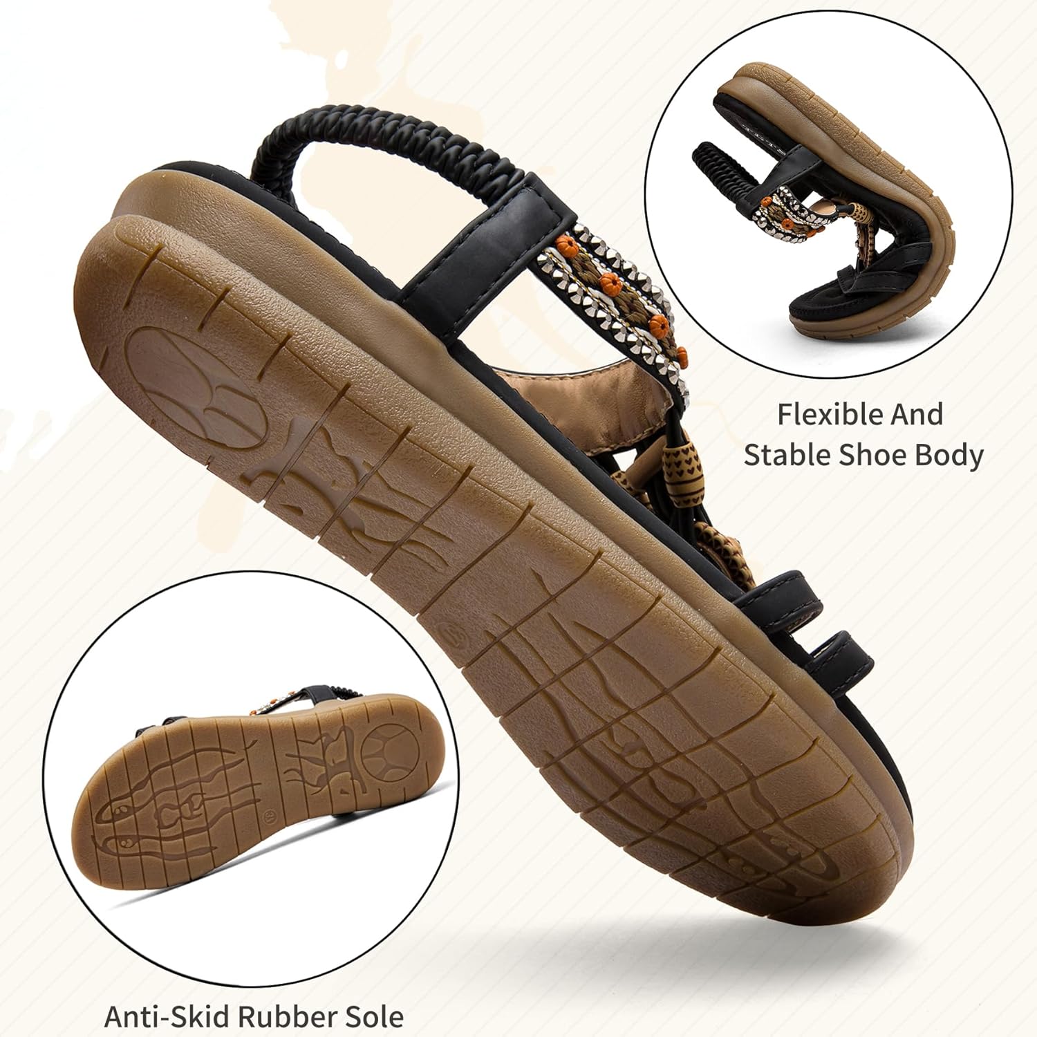 TETSUO Women Sandals Walking Flats Summer Beach Sandals Arch Support Casual Dressy Shoes for Women Elastic Ankle Strap Jeweled Bohemian Shoes - Image 5