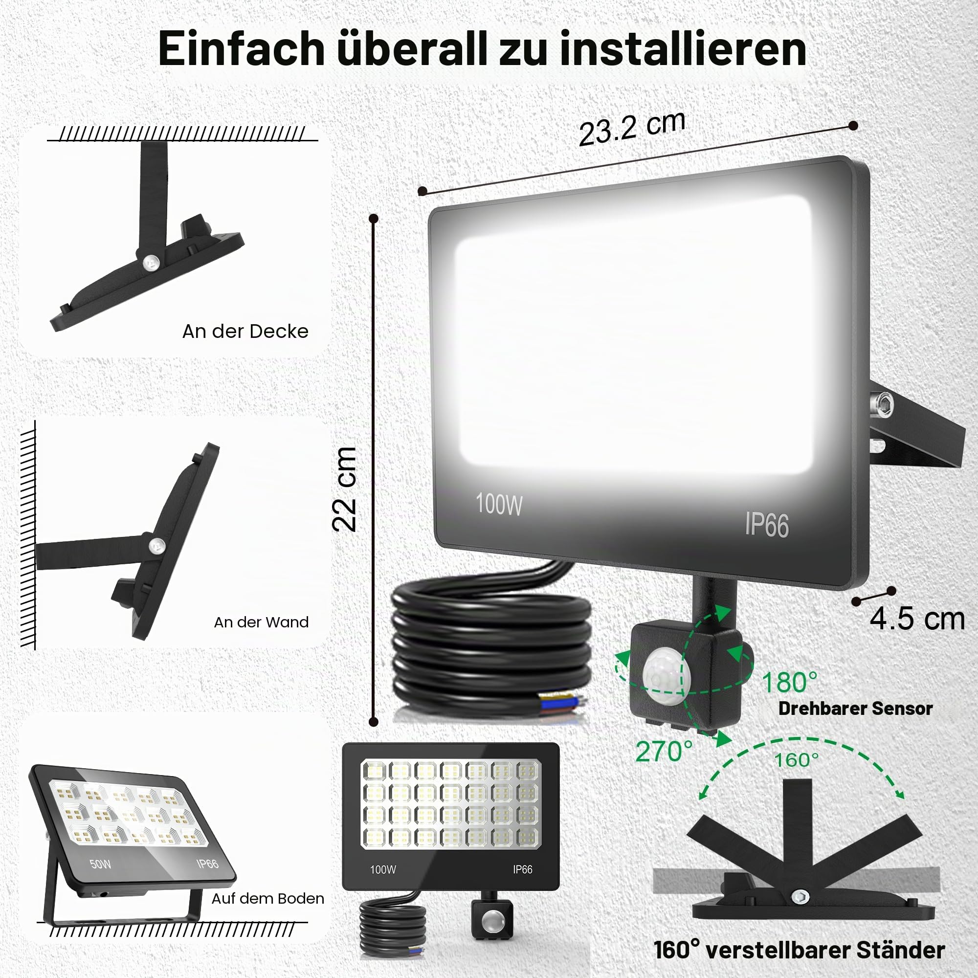LED Strahler mit Bewegungsmelder Außen 2 Stück, 100W 10000LM Superhell Außenstrahler 6500K Kaltweiß LED Fluter Aussenleuchte IP66 Wasserdicht Scheinwerfer für Garage Garten Innenhöfe