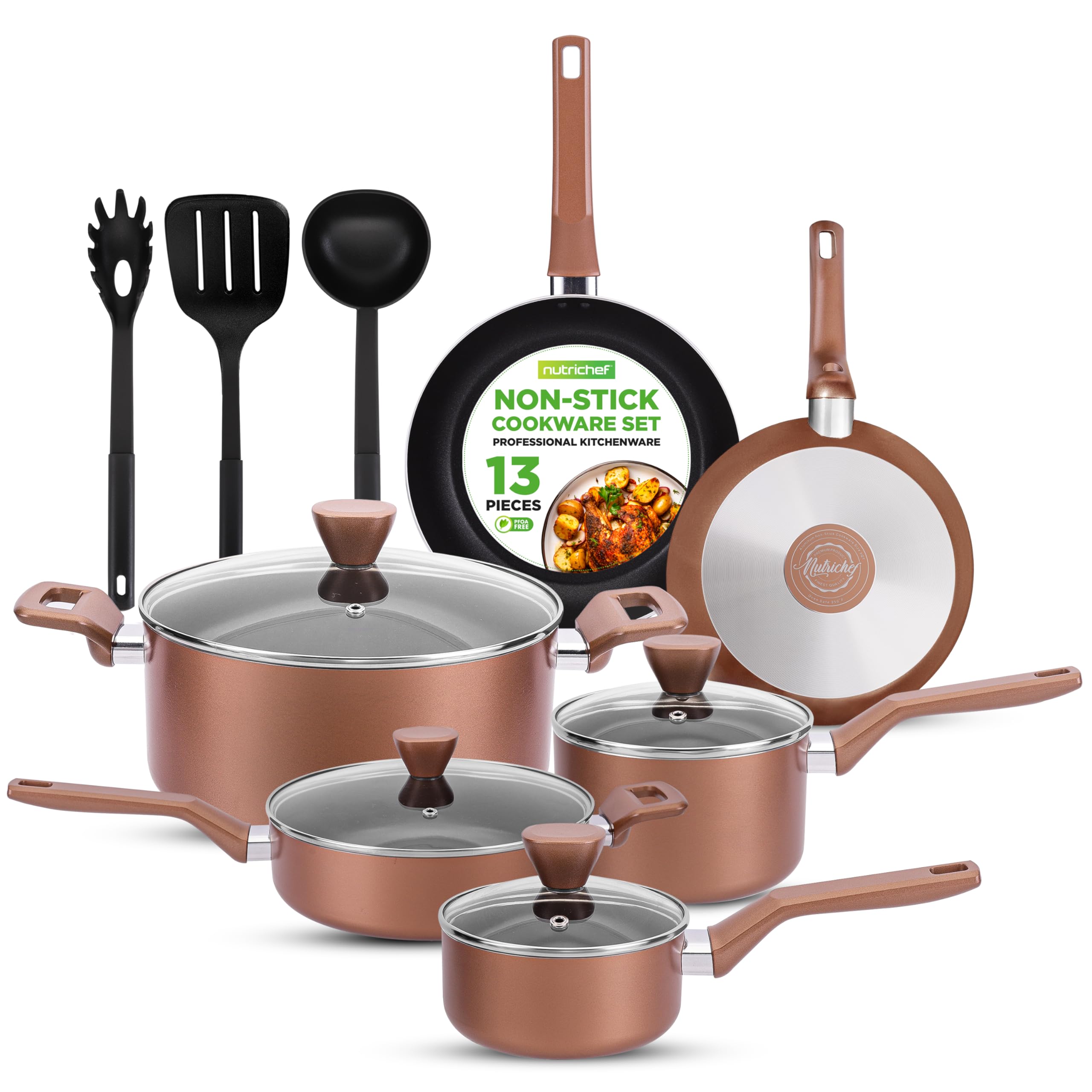 Nutrichef Ensemble de Batterie de Cuisine Antiadhésive, Ensemble d’ Ustensils de Cuisine, Avec Casserole a Sauce, Poêles, Marmites, Casserole, Couvercles, Louche, Fourchette, Passoire